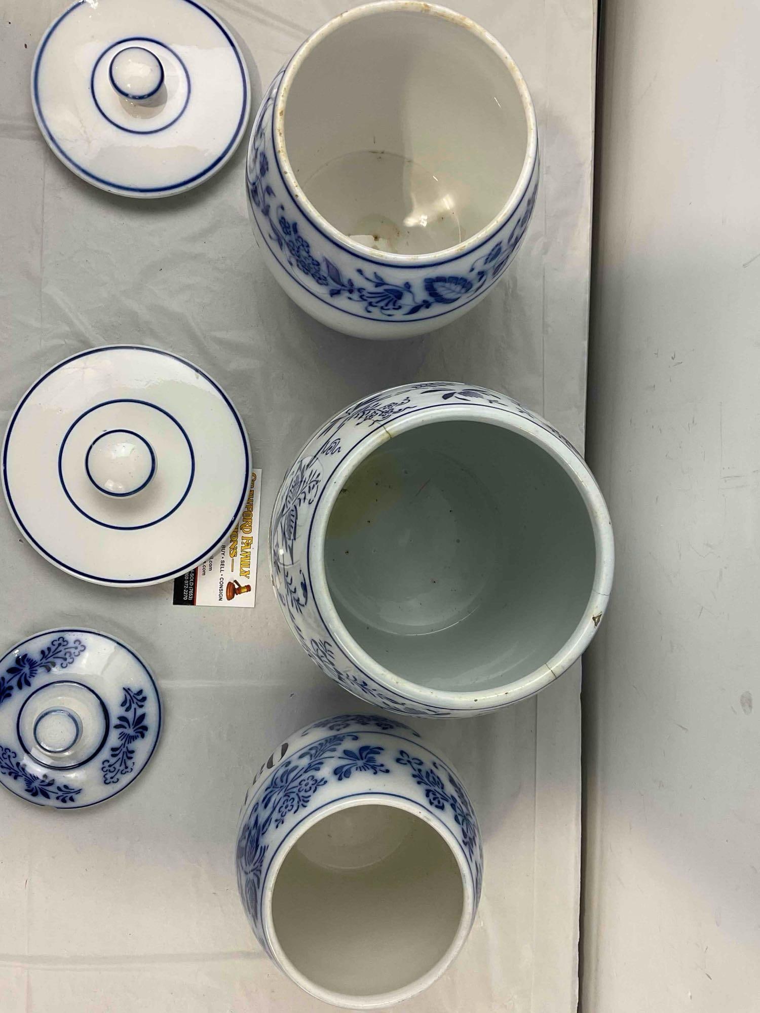 3 pcs Vintage German Flow Blue Style Storage Jars "Oatmeal," "Sugar" & More! Very Good Cond. - 7