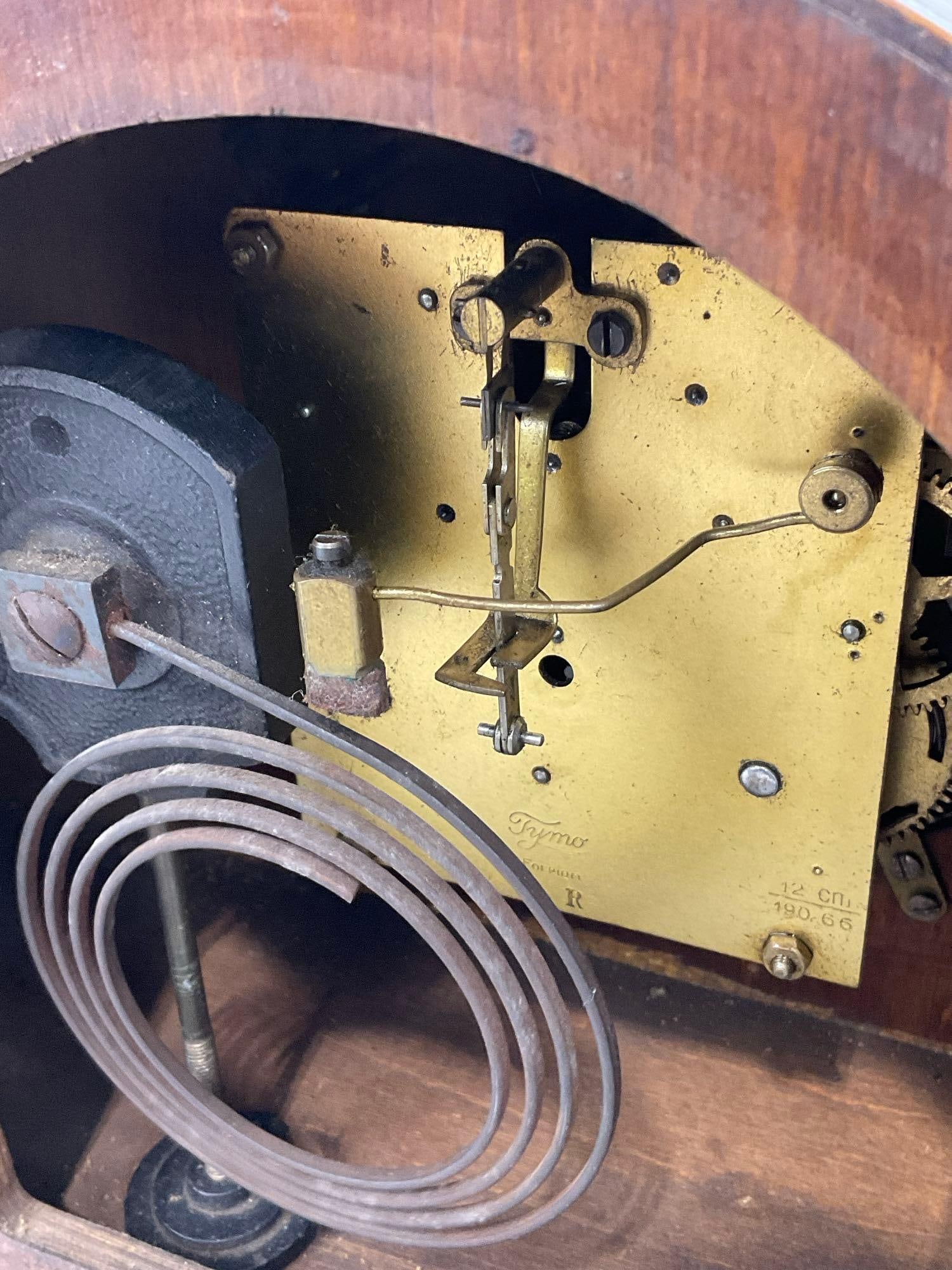 Early 20th Century Oak English Tymo Mantel Clock, Time Strike 8 Day Movement, 10h x 16w x 6d inches - 5