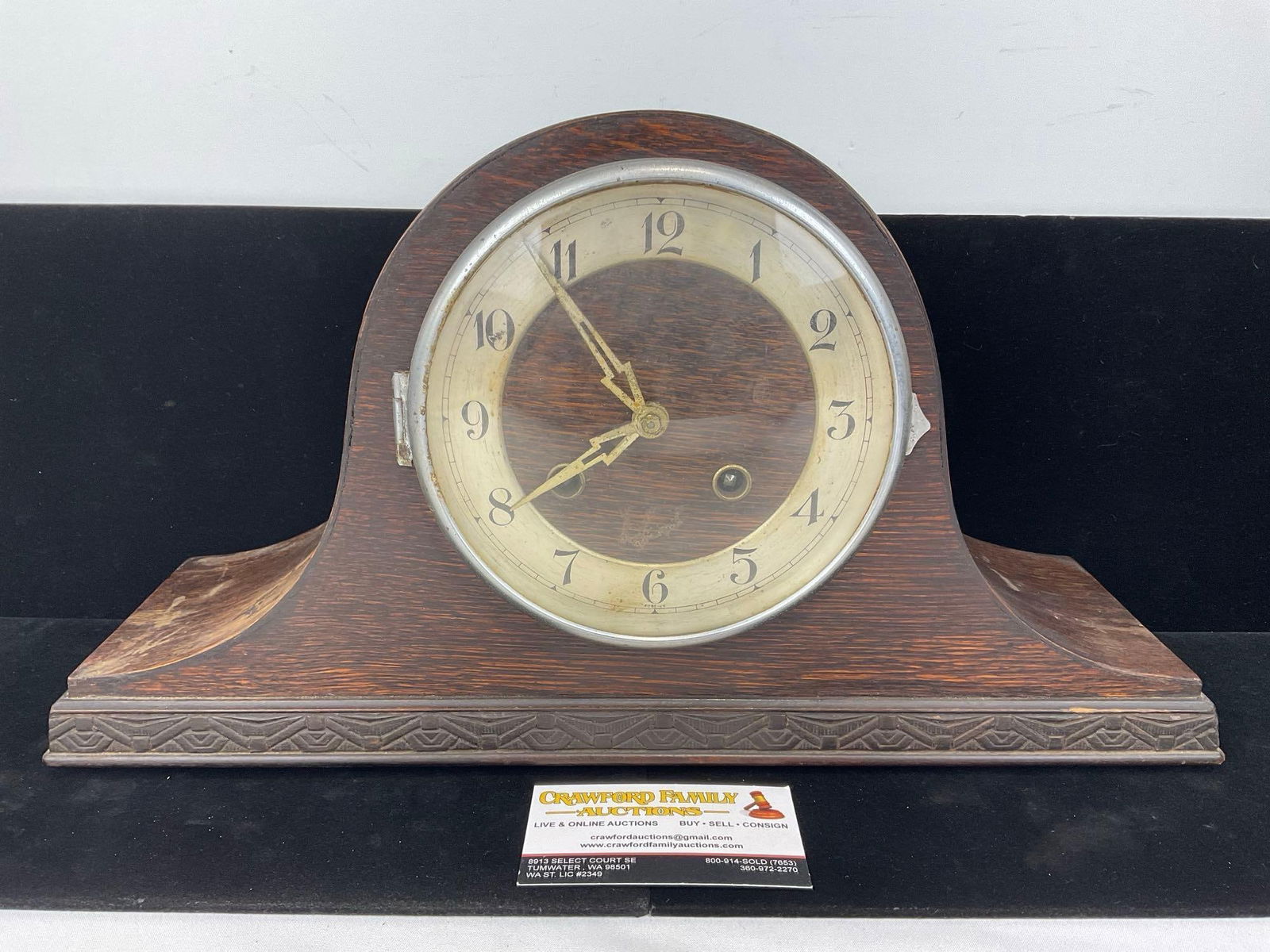 Antique English Oak Mantel Clock, Time Strike, Westminster Chime, 10h x 17w x 6d inches (1 of 5)