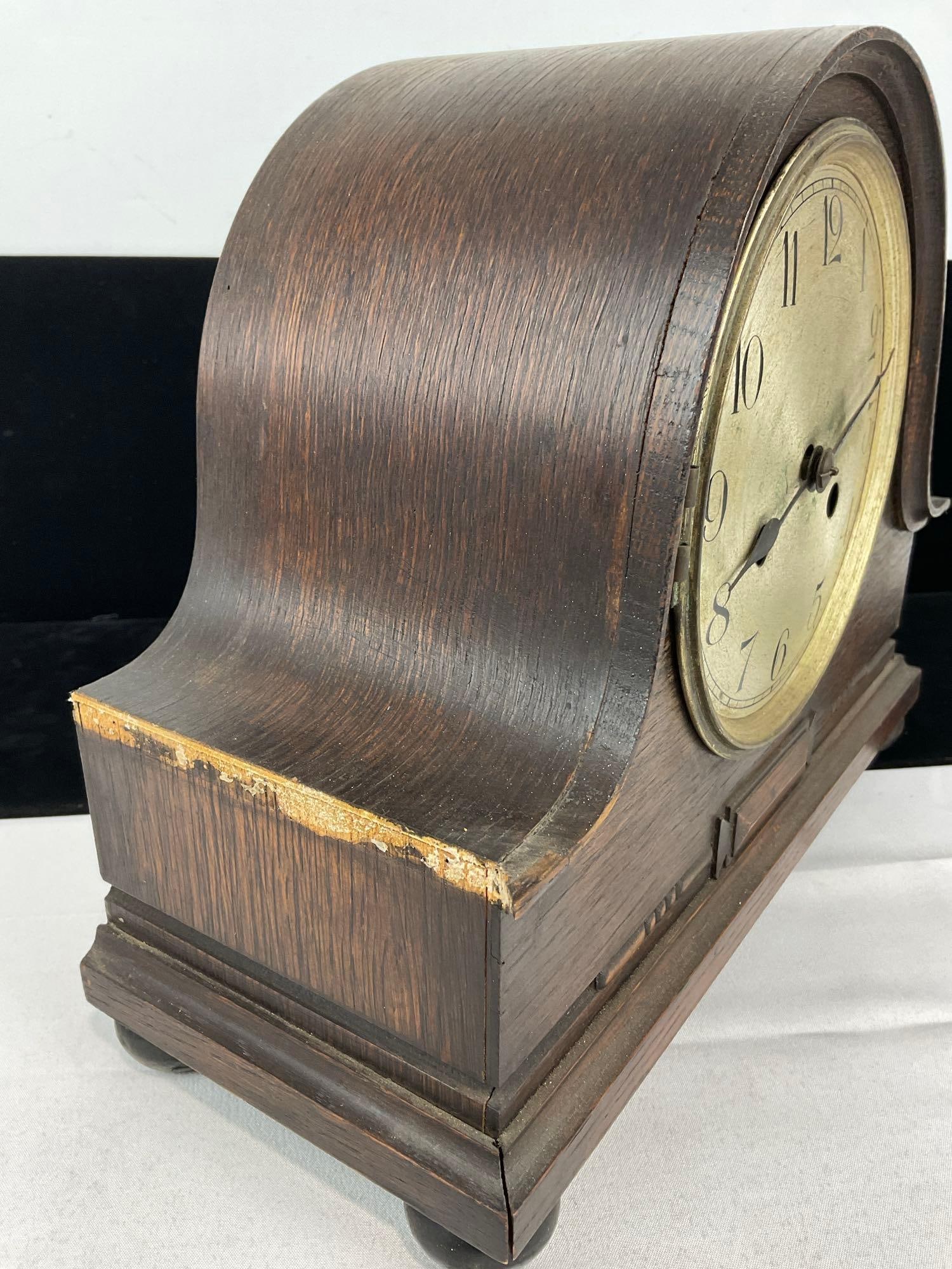 Antique English Oak Mantel Clock, Time Strike, no glass cover, 11h x 14w x 7d inches - 2