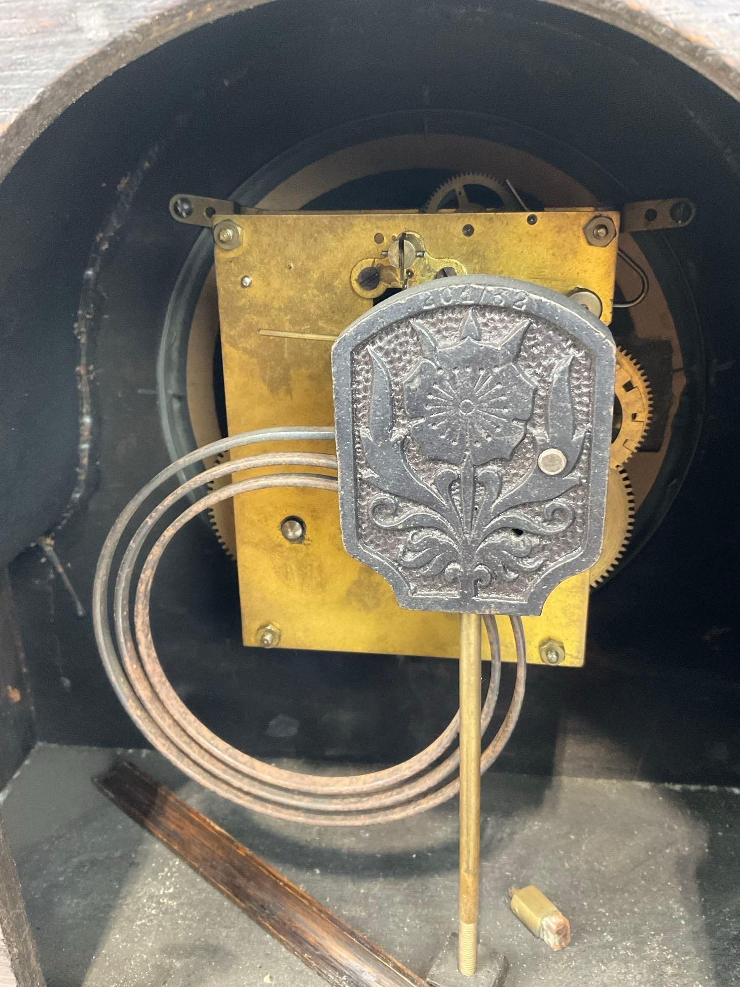 Antique English Oak Mantel Clock, Time Strike, no glass cover, 11h x 14w x 7d inches - 5