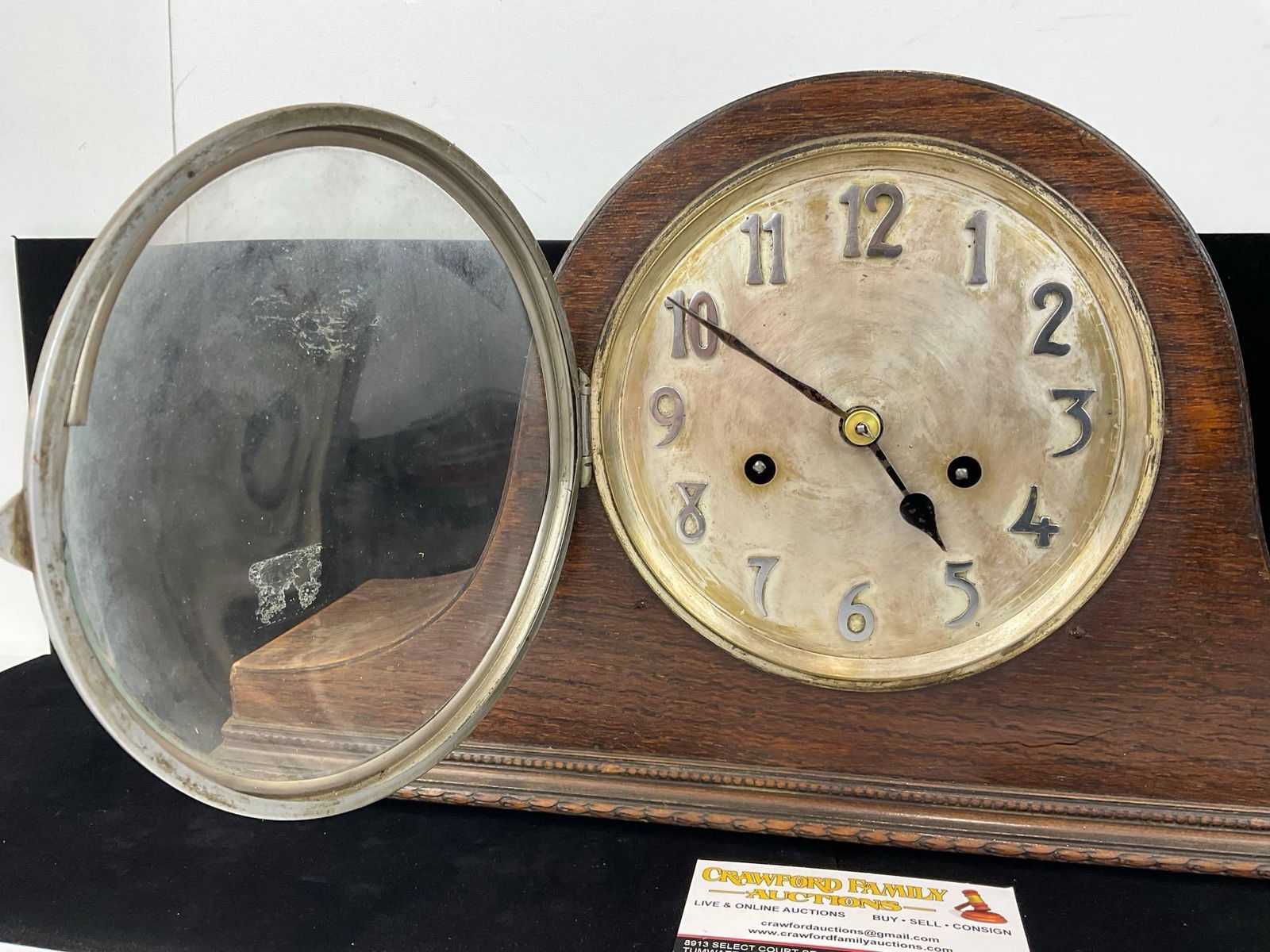 Antique English Oak Mantel Clock, Time Strike, 10h x 17w x 6d inches, some discoloration - 2