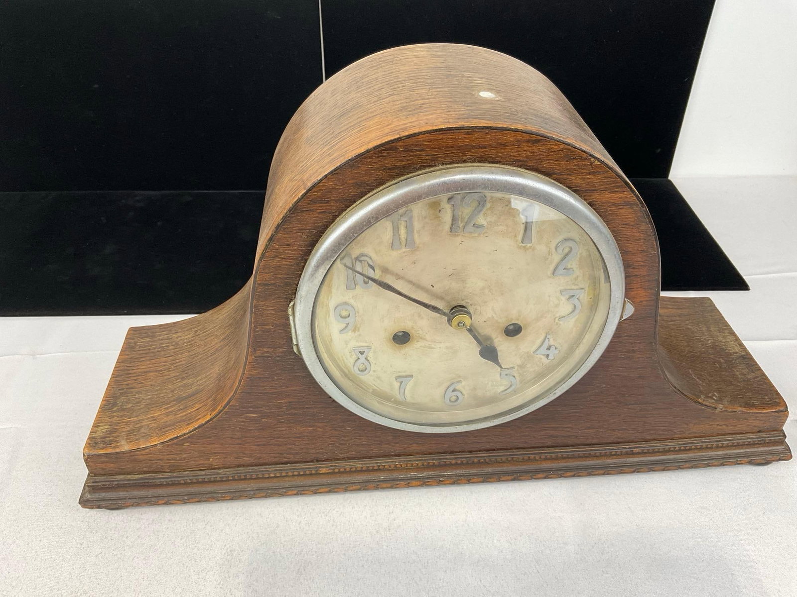 Antique English Oak Mantel Clock, Time Strike, 10h x 17w x 6d inches, some discoloration - 3
