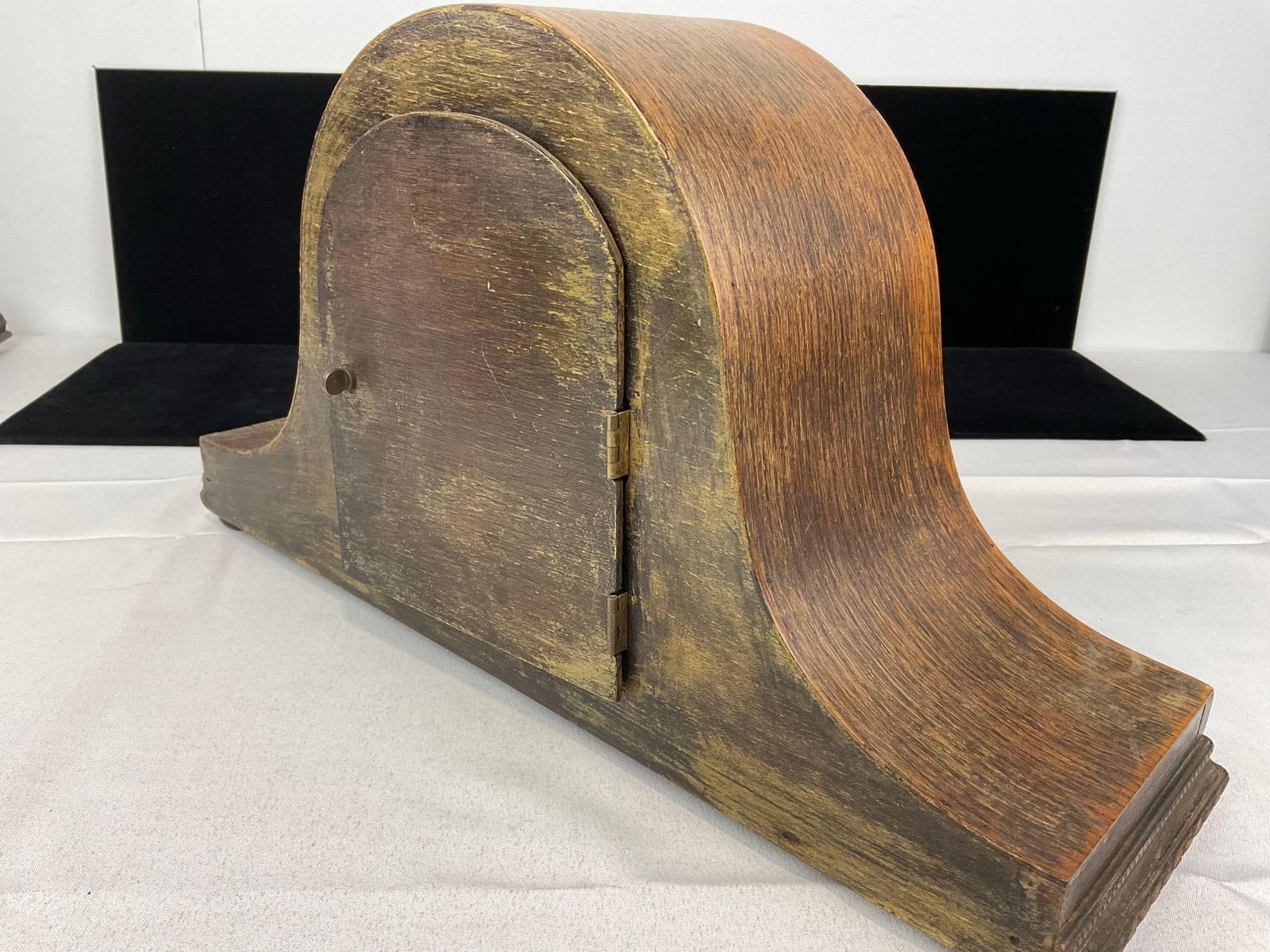 Antique English Oak Mantel Clock, Time Strike, 10h x 17w x 6d inches, some discoloration - 4