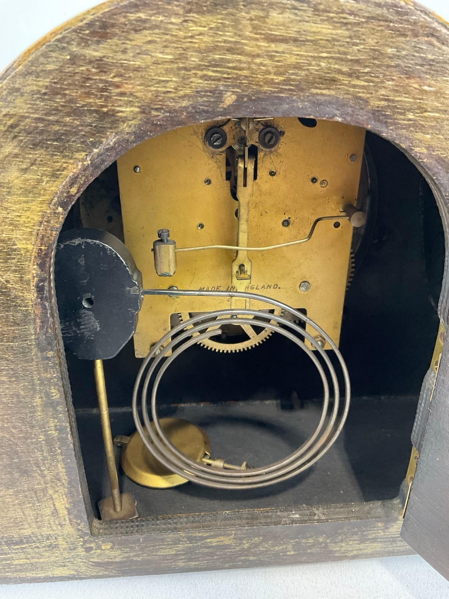 Antique English Oak Mantel Clock, Time Strike, 10h x 17w x 6d inches, some discoloration - 6