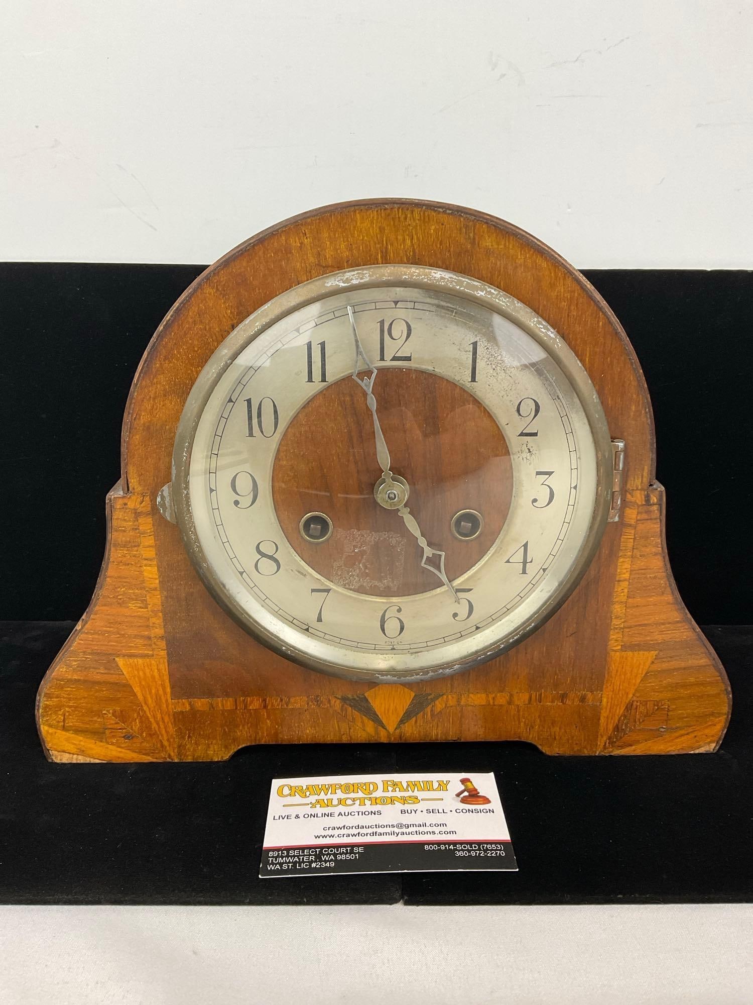 Early 20th Century Marquetry Inlaid Wood Mantel Clock w/Key, Time Strike 10h x 12w x 6d inches (1 of 5)