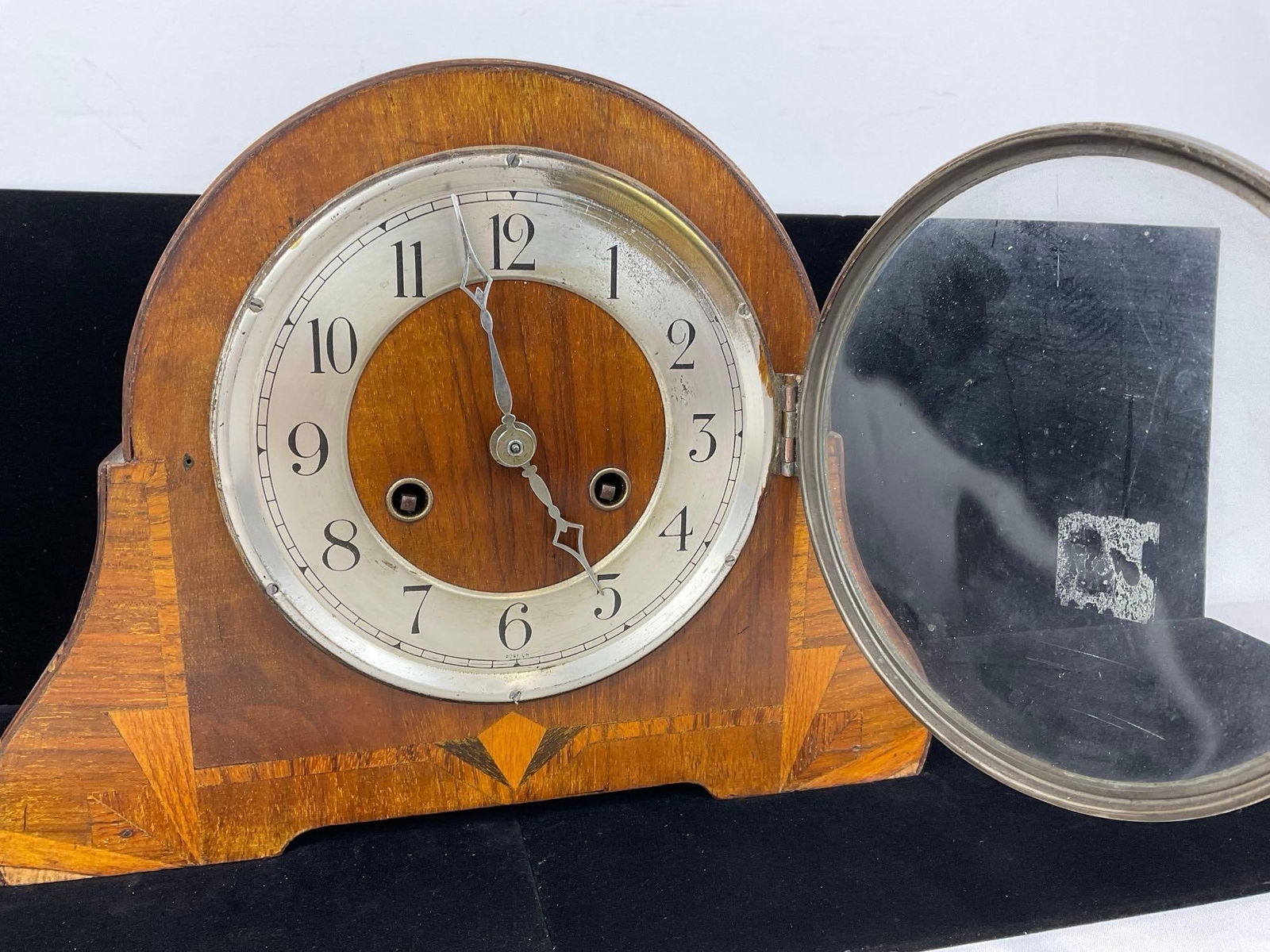 Early 20th Century Marquetry Inlaid Wood Mantel Clock w/Key, Time Strike 10h x 12w x 6d inches - 2