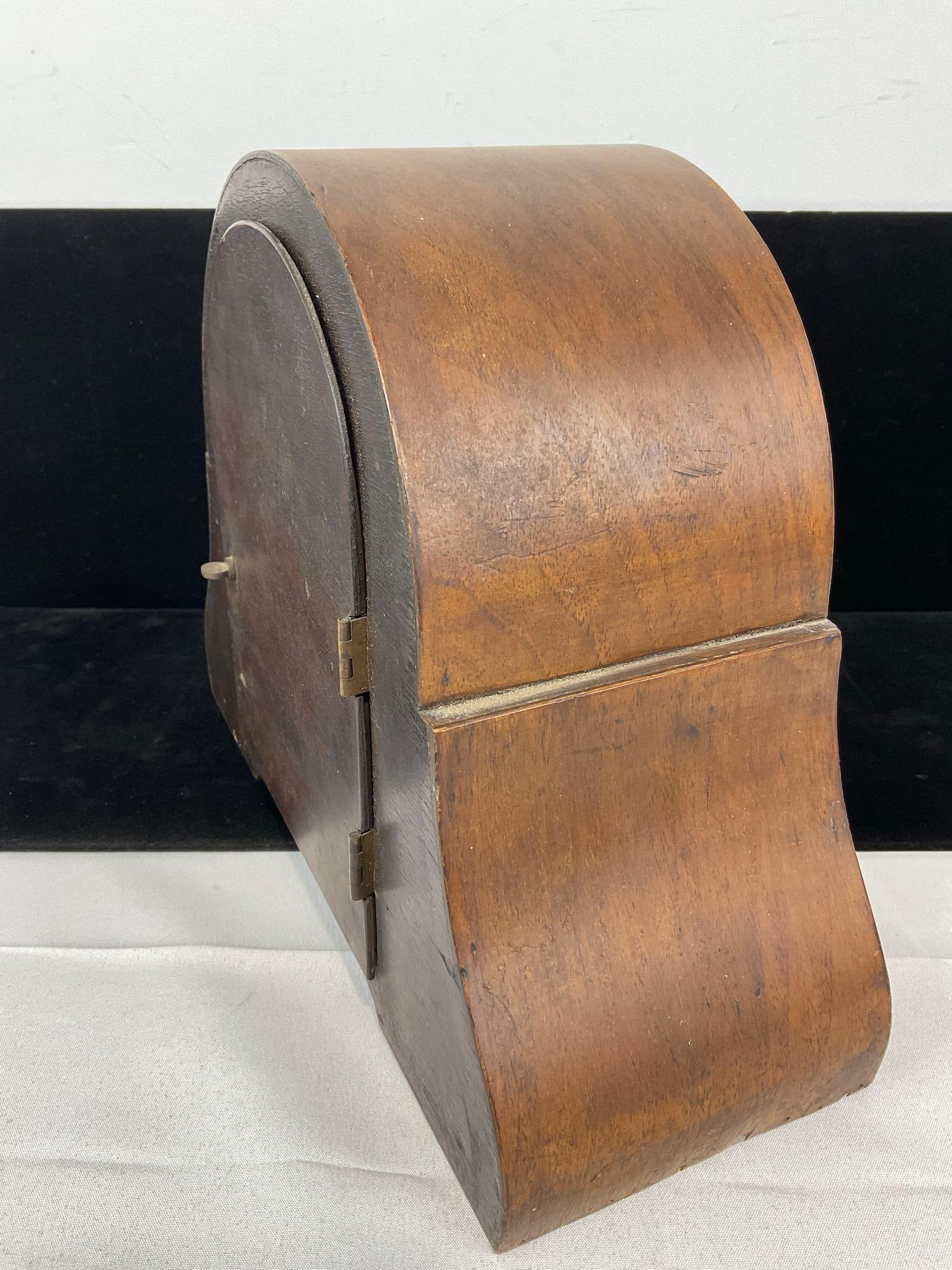 Early 20th Century Marquetry Inlaid Wood Mantel Clock w/Key, Time Strike 10h x 12w x 6d inches - 4