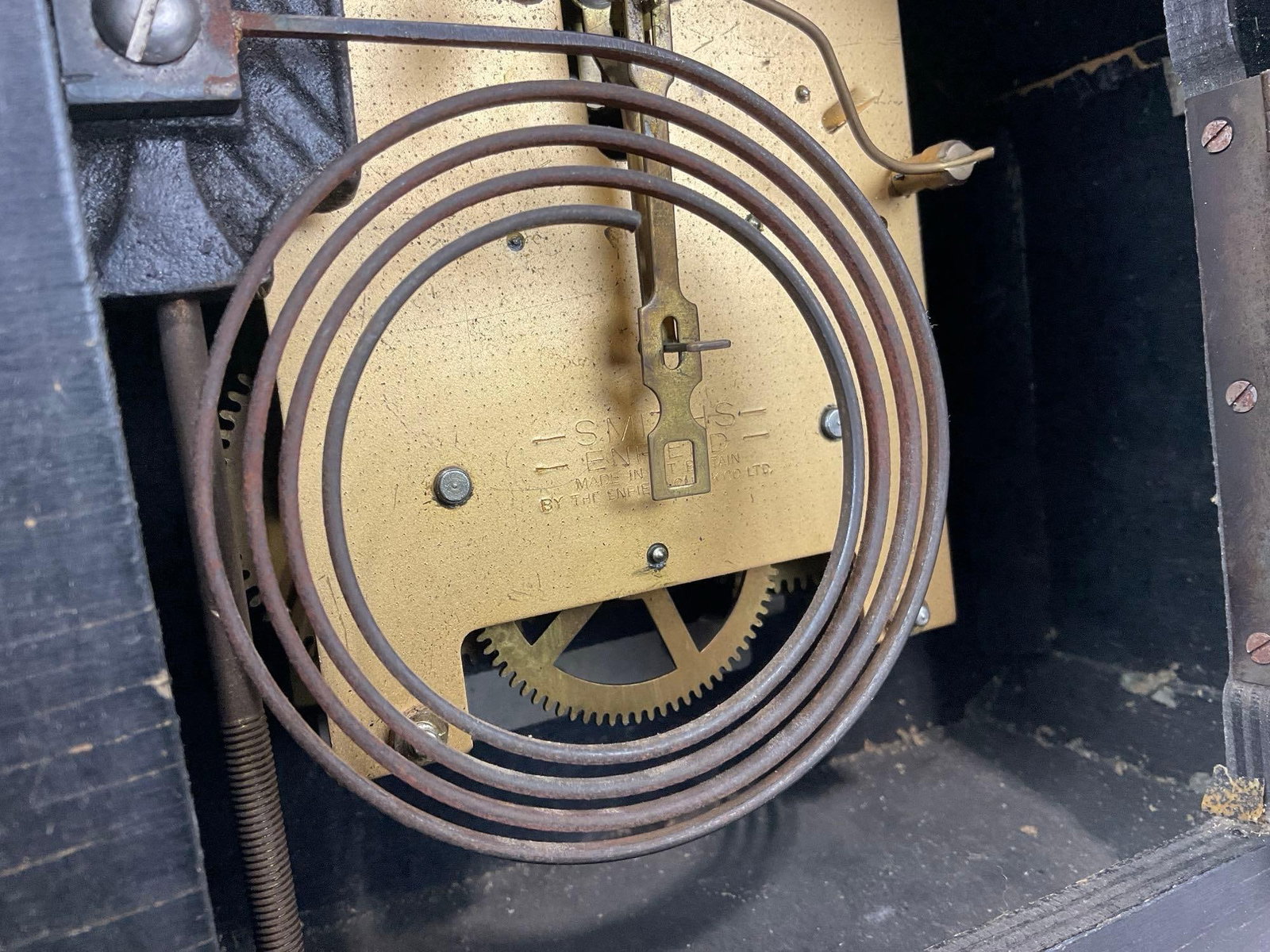 Antique Smiths Enfield English Oak Mantel Clock, Time Strike w/Key, 9h x 10w x 6d inches - 6