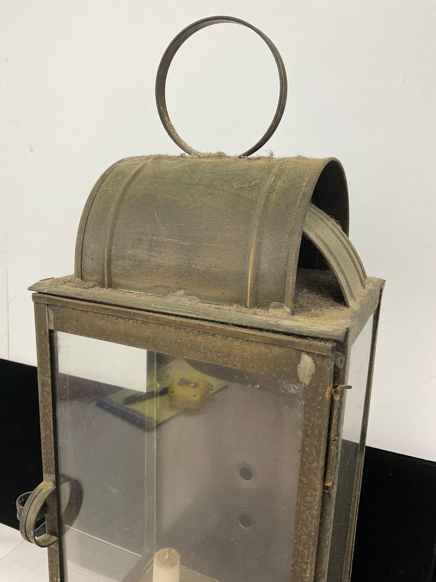 Antique Tin, (Zinc ?) Lantern, Double Candles, Glass Panels, 18h x 8w x 7d inches - 2