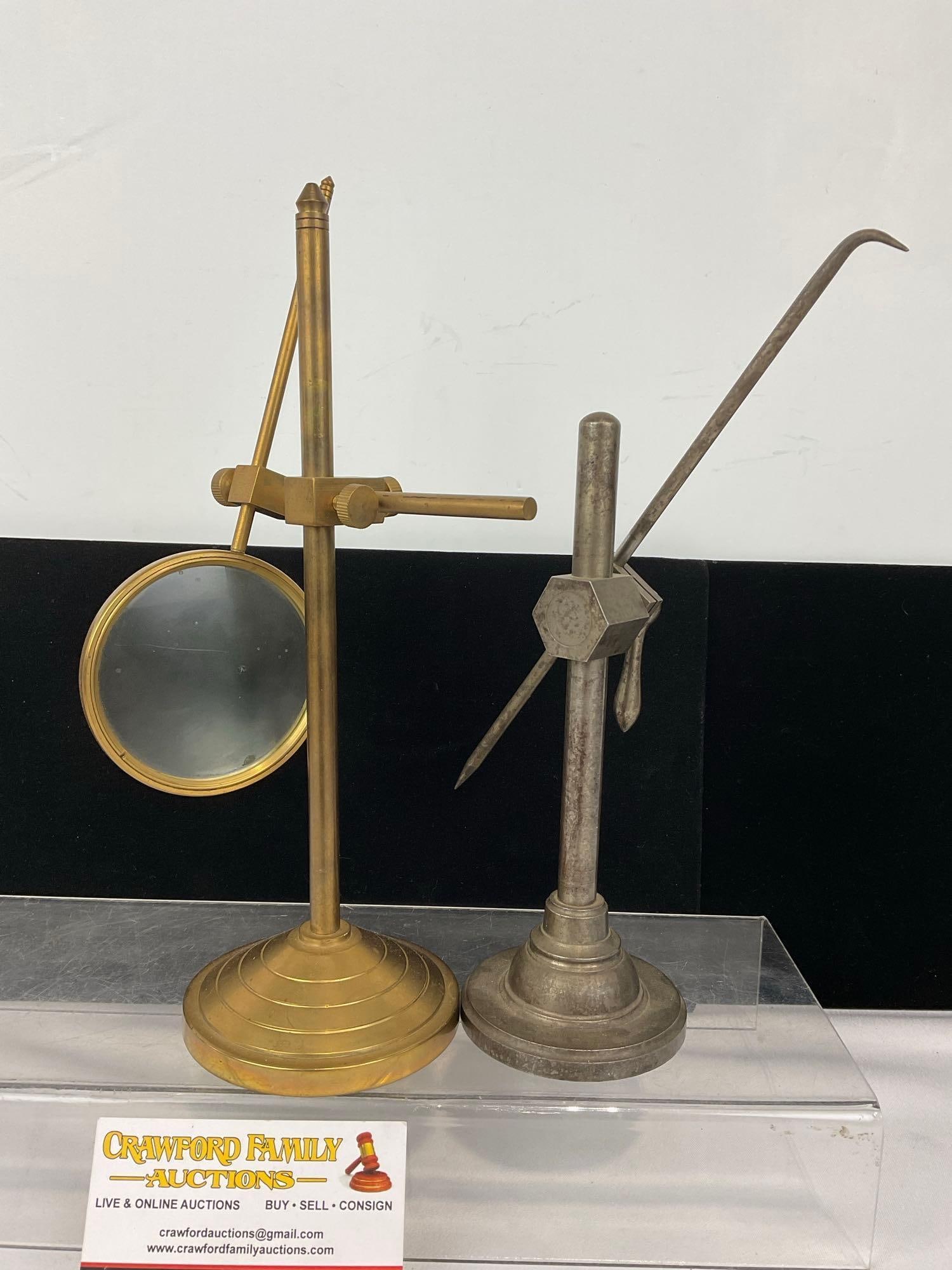 Vintage Brass Magnifying Glass on Stand & Antique Cast Iron A. Trent Surface Gauge - 2