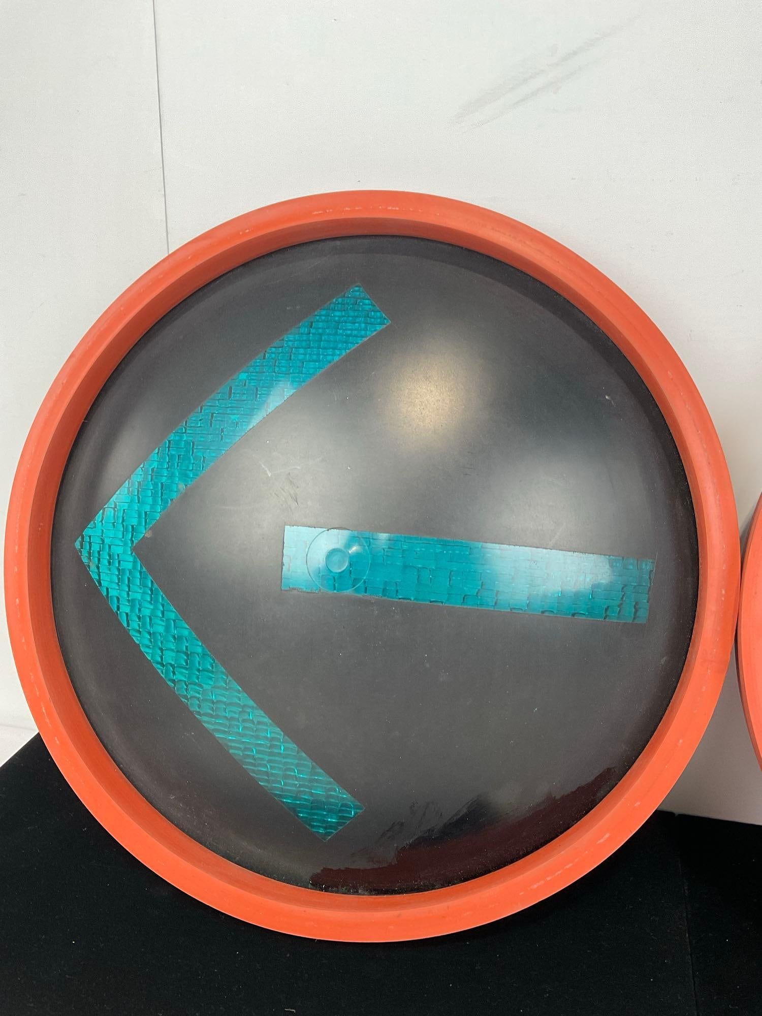 Pair of Large Traffic Lenses, Green & Red Arrows, 3h x 13w x 13d inches, one Glass & one Plastic - 3