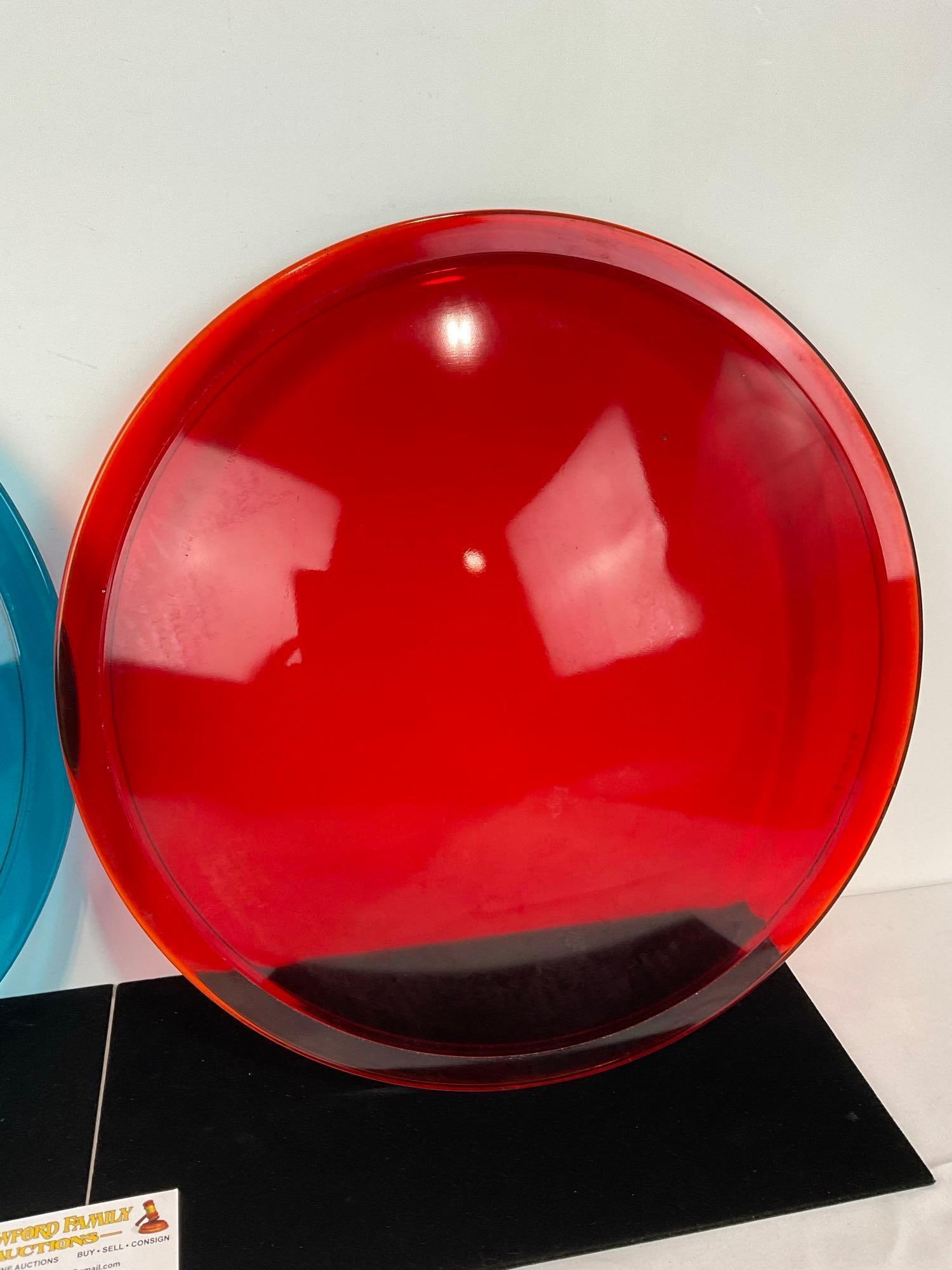 Pair of Large Glass Blue & Red Traffic Lenses, 3h x 17w x 17d inches - 3