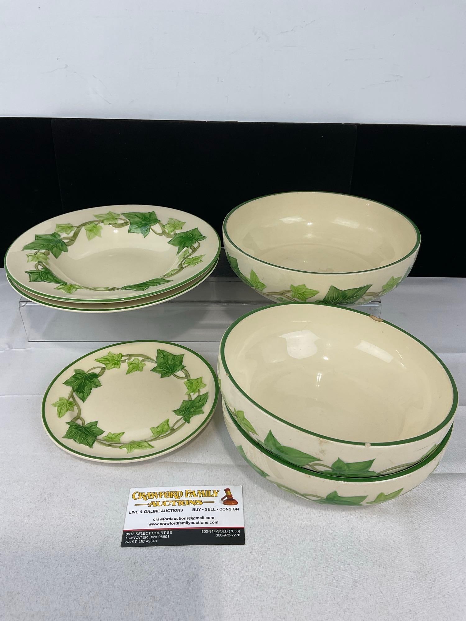 6 pcs Franciscan Ivy Pattern China, 2 large bowls + 1 larger, 1 lunch plate, 2 soup bowls (1 of 5)