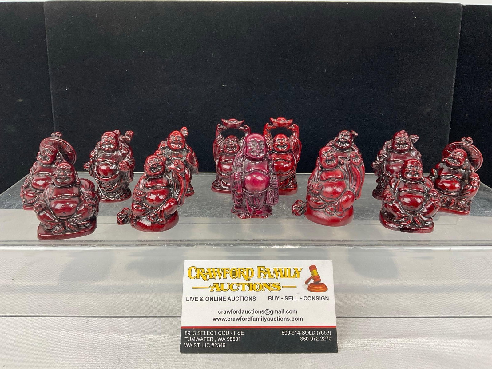 13 Small Handsome Deep Red Cinnabar Resin Buddha Figurines, Collectible Chinese, Good Luck: Appears to be in good shape. The pieces fits a in a box that measures approx 2h x 8w x 5d inches. See pics. E-5500 