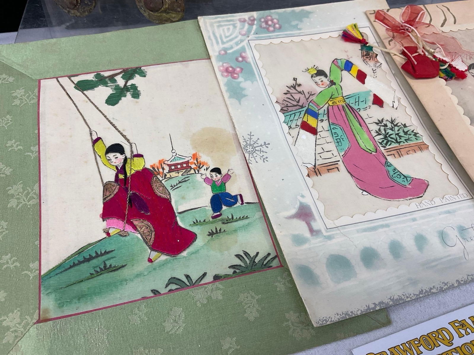 Framed Shadowbox w/3 masks, Indian Carved Brass Toy, Elephant w/ Wheels, 4 Watercolor Greeting Ca... - 2