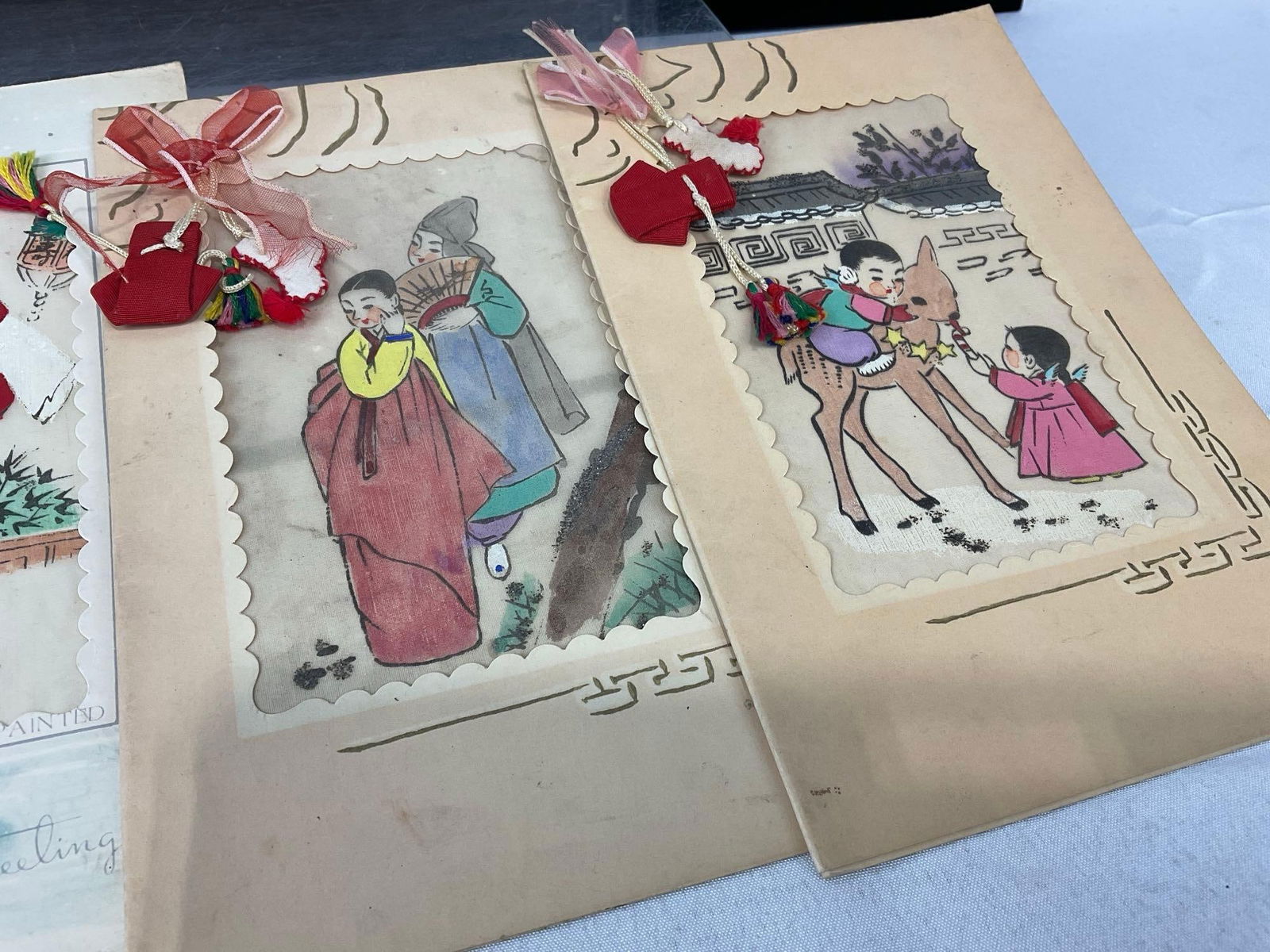 Framed Shadowbox w/3 masks, Indian Carved Brass Toy, Elephant w/ Wheels, 4 Watercolor Greeting Ca... - 3