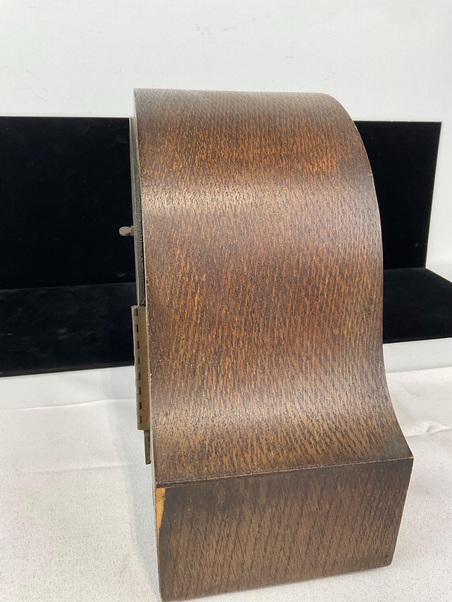 Antique Enfield(?) English Oak Mantel Clock, Time Strike w/key, 9h x 13w x 7d inches, no glass - 3