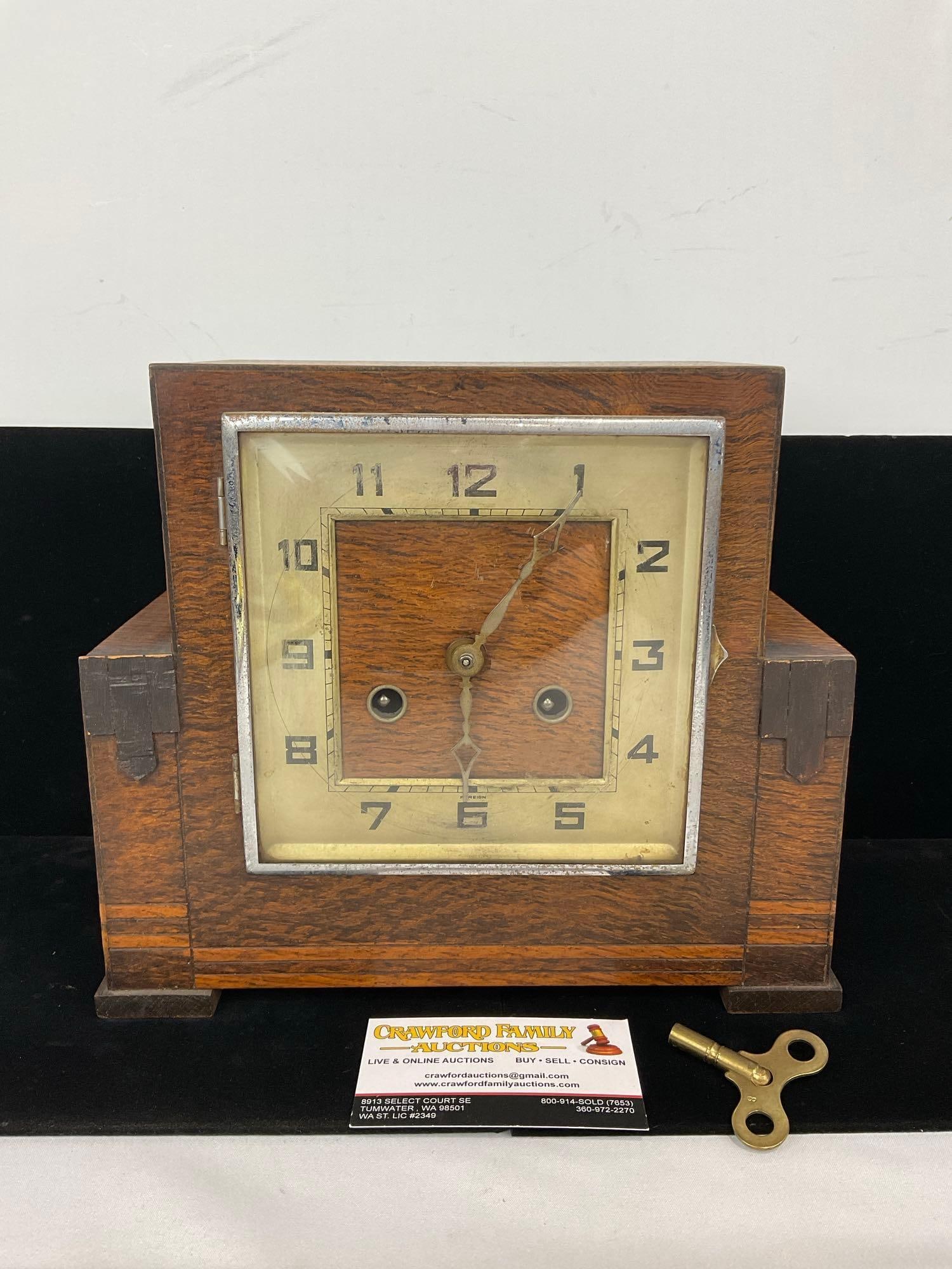 Early 20th Century Square Mantel Clock, Time Strike w/key, 10h x 11w x 6d inches (1 of 5)