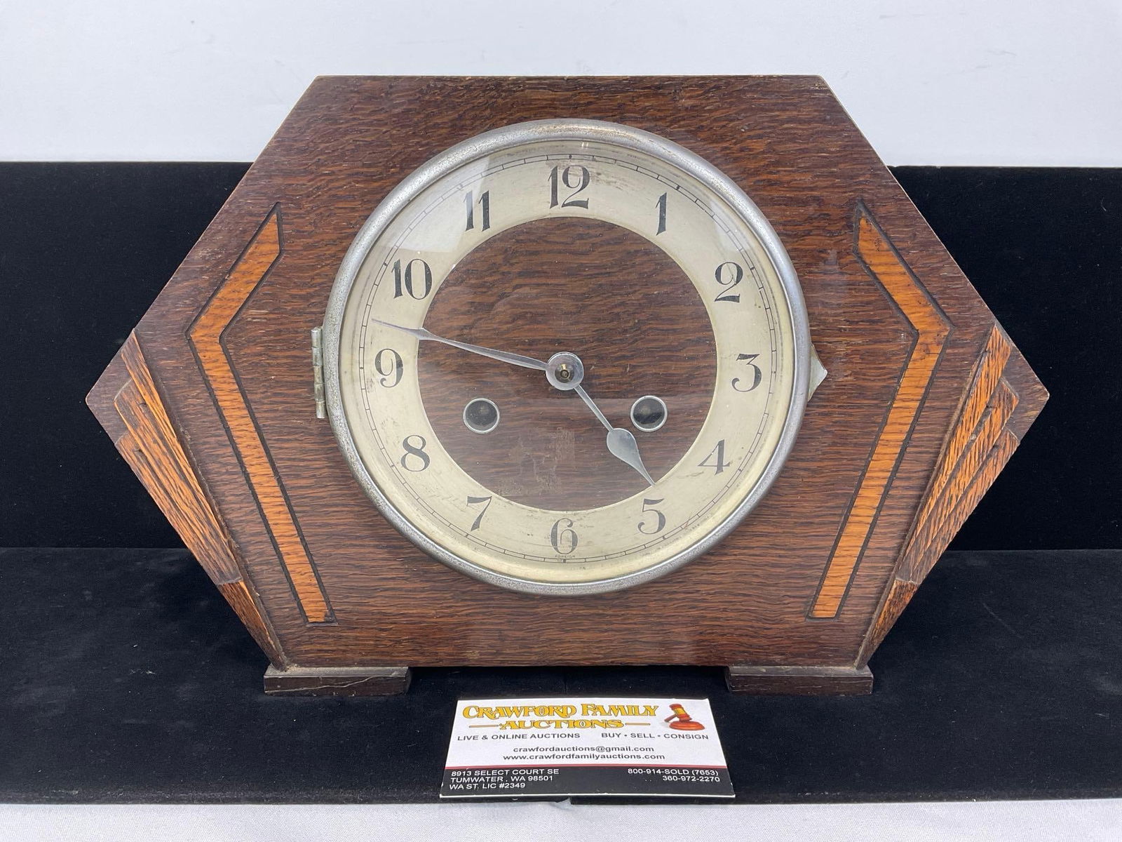 Antique German Kienzle (?) Mantel Clock w/Key, Time Strike, 10h x 14w x 6d inches (1 of 6)