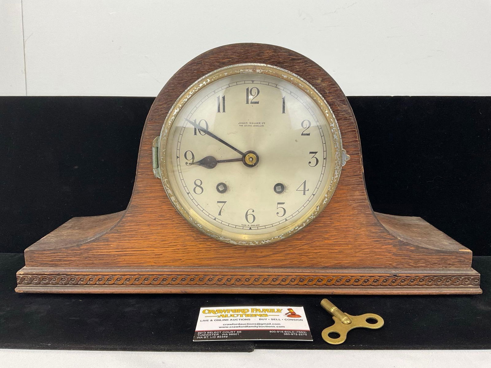 Antique English Oak Empire Humpback Mantel Clock w/Key, Time Strike, 10h x 17w x 6d inches (1 of 6)
