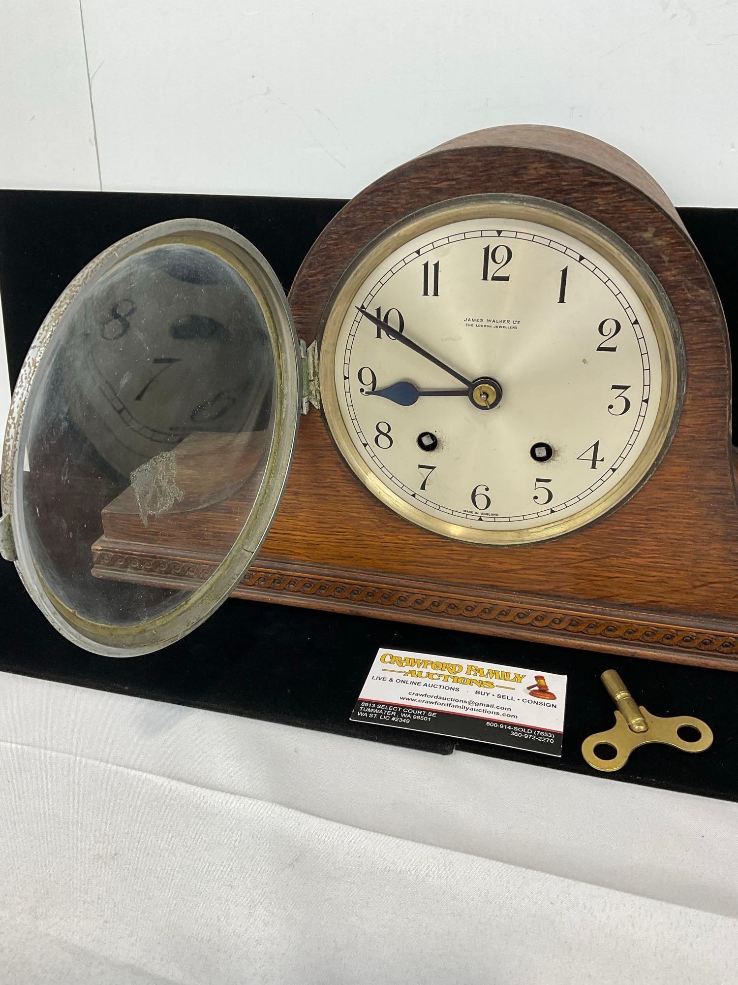 Antique English Oak Empire Humpback Mantel Clock w/Key, Time Strike, 10h x 17w x 6d inches - 2