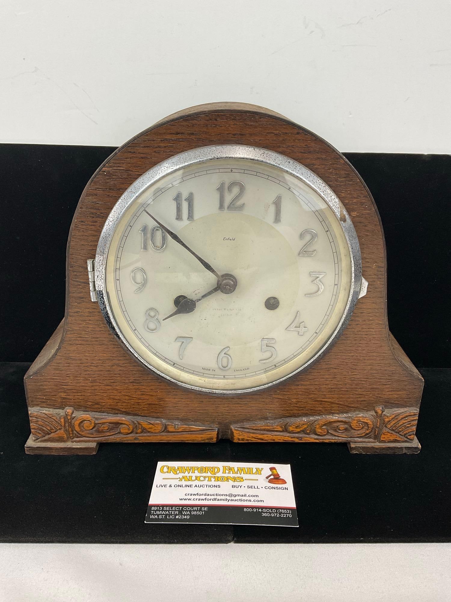 Antique English Oak James Walker LTD Mantel Clock w/Key, Time Strike, 10h x 11w x 6d inches (1 of 7)