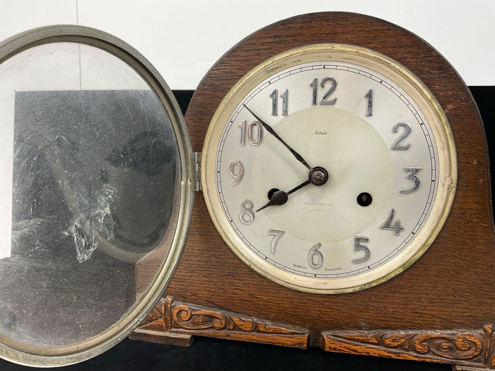 Antique English Oak James Walker LTD Mantel Clock w/Key, Time Strike, 10h x 11w x 6d inches - 2