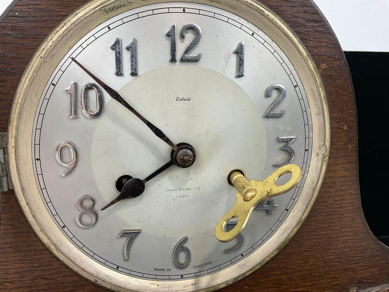 Antique English Oak James Walker LTD Mantel Clock w/Key, Time Strike, 10h x 11w x 6d inches - 3