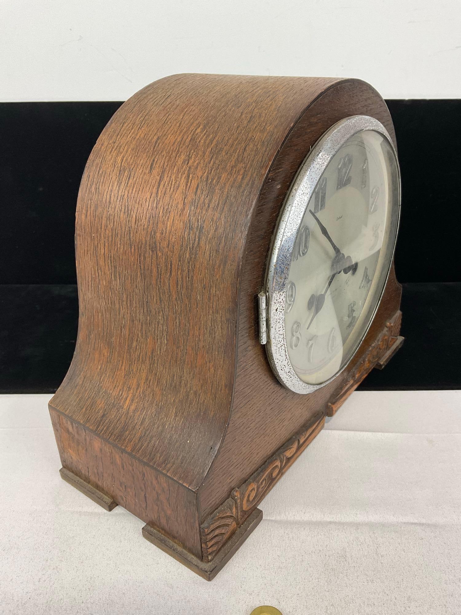 Antique English Oak James Walker LTD Mantel Clock w/Key, Time Strike, 10h x 11w x 6d inches - 4