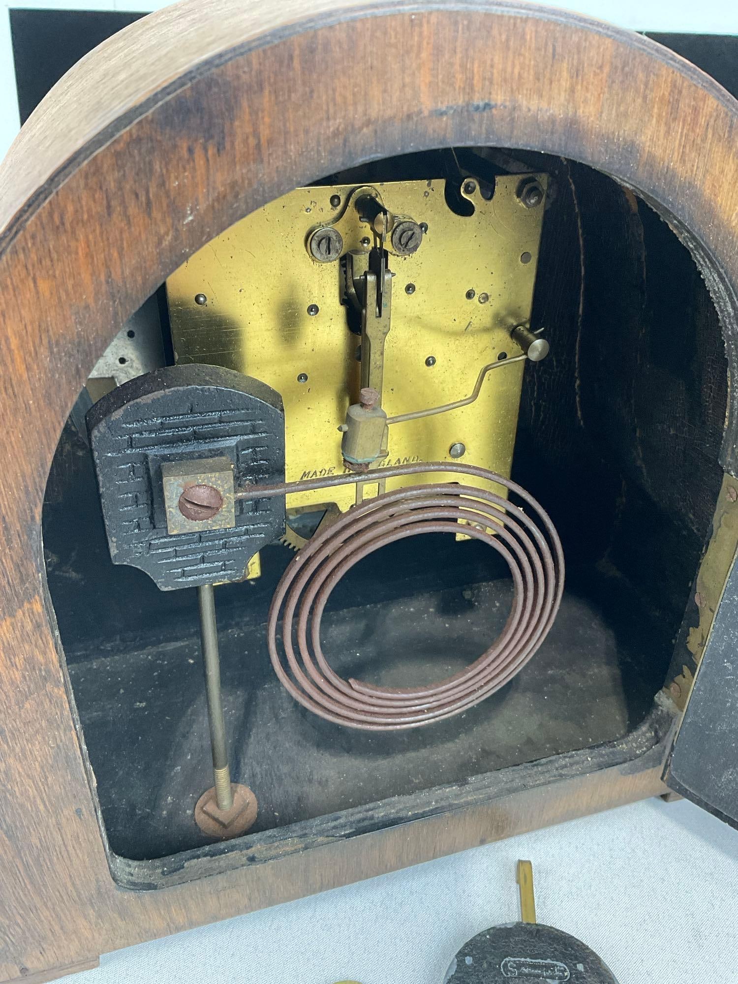 Antique English Oak James Walker LTD Mantel Clock w/Key, Time Strike, 10h x 11w x 6d inches - 7