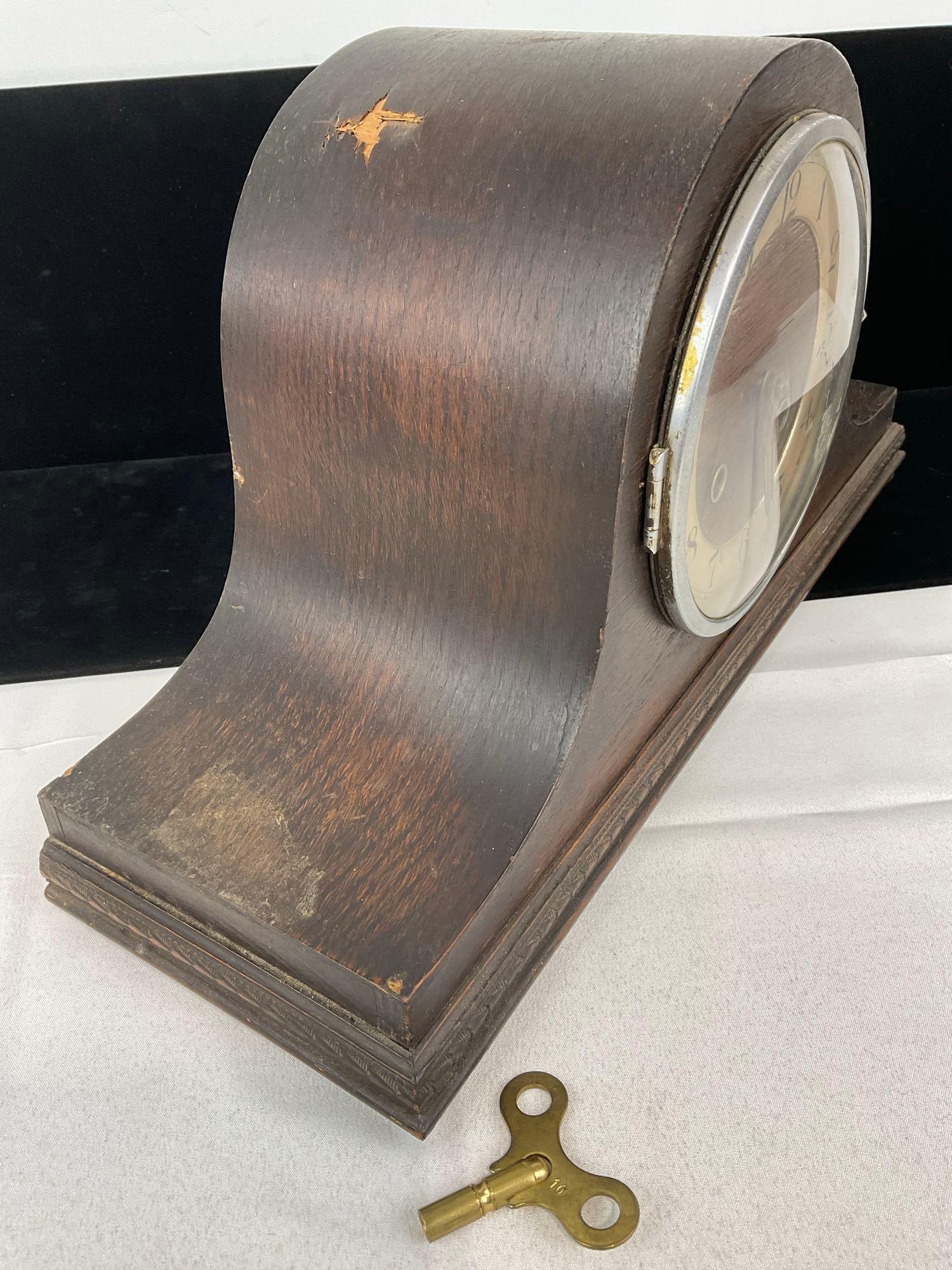 Early 20th Century Mantel Humpback Clock w/ Key, Time Strike, 10h x 17w x 7d inches - 3