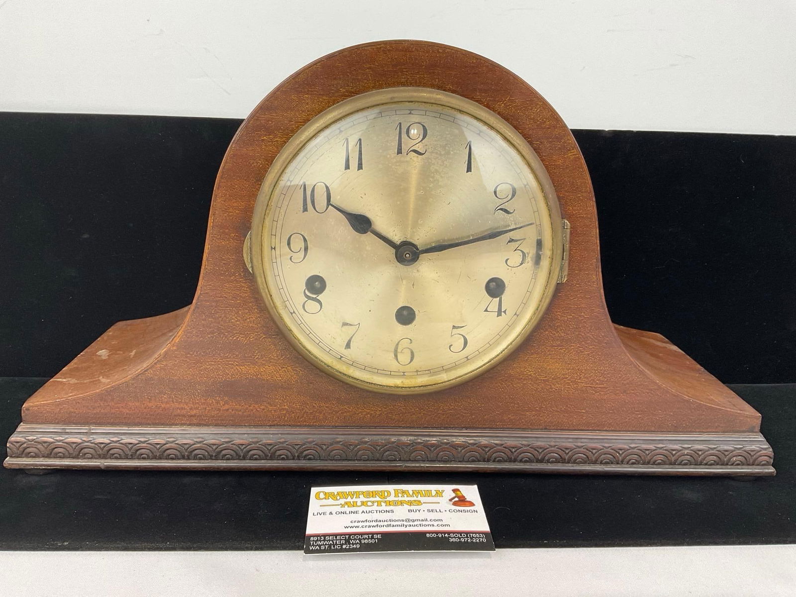 Antique Mantel Humpback Clock w/ Key, Time Strike Chime, 10h x 17w x 7d inches (1 of 6)