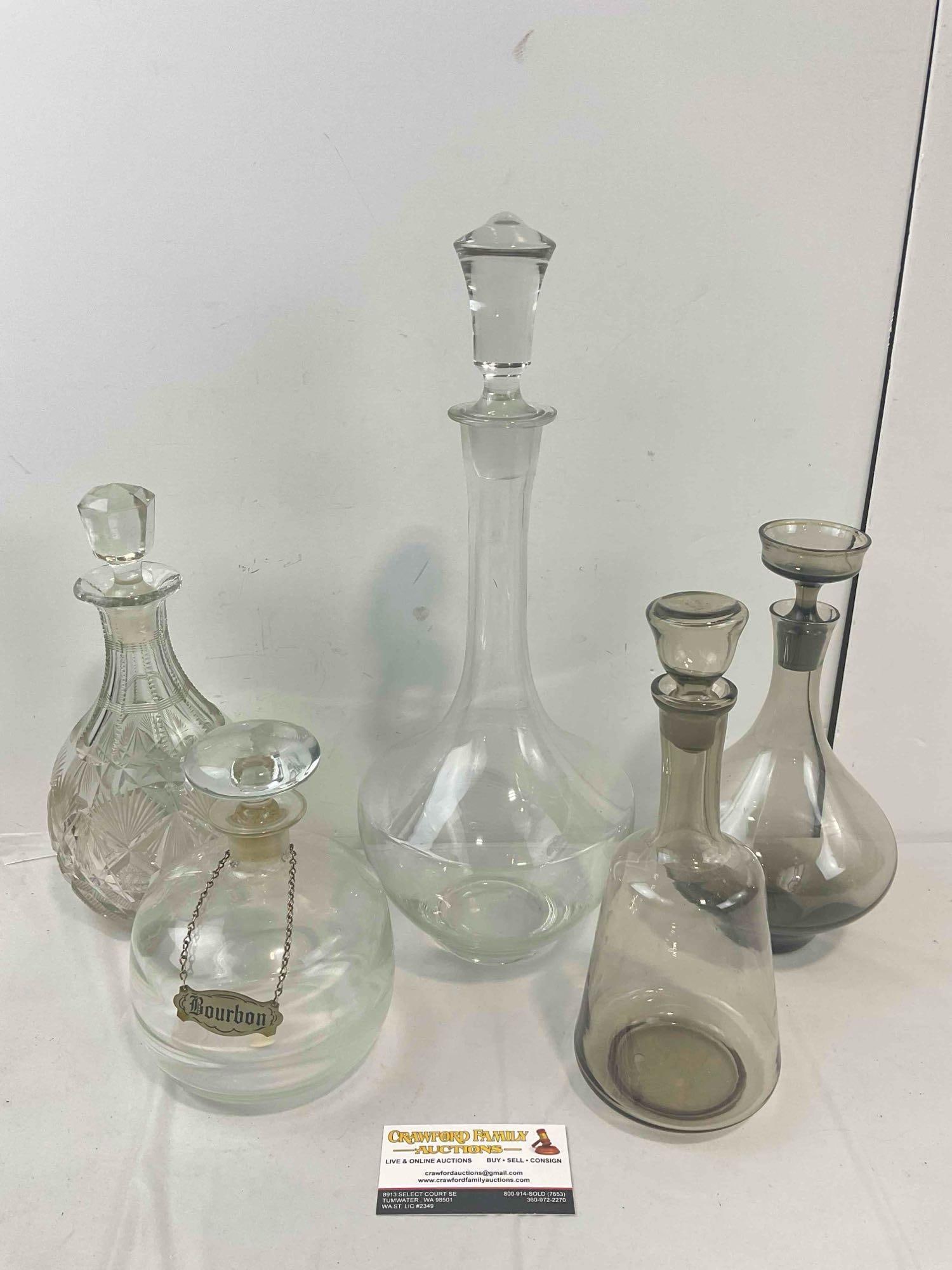 5 pcs Vintage Glass Decanters w/ Stoppers, incl. 1x Cut Crystal, 2x Smoked Gray. See pics. (1 of 6)