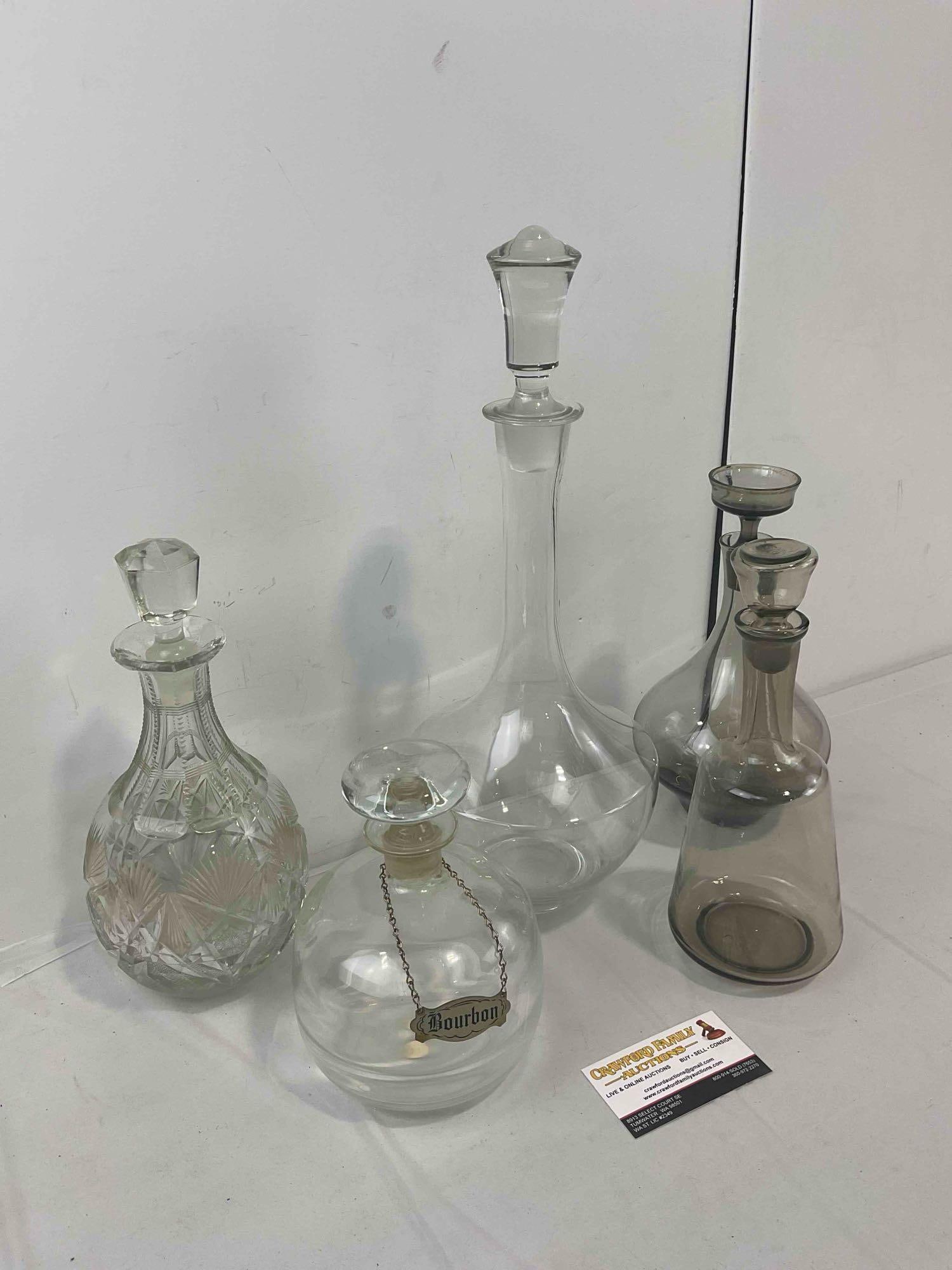 5 pcs Vintage Glass Decanters w/ Stoppers, incl. 1x Cut Crystal, 2x Smoked Gray. See pics. - 3