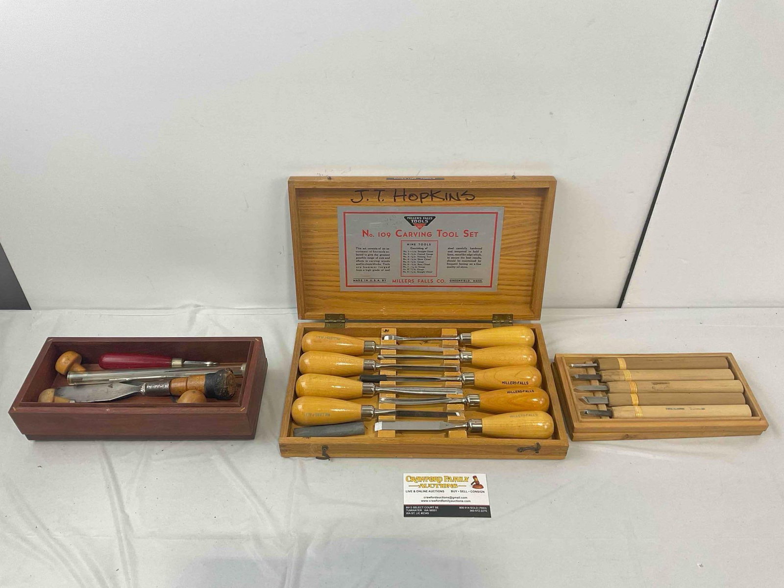 3 pcs Boxes w/ Wood Carving Tools, incl. Millers Falls No. 109 Carving Tool Set & More! See pics.: 3 pcs Boxes w/ Wood Carving Tools, incl. Millers Falls No. 109 Carving Tool Set & More! Minor wear indicative of age and use, condition is otherwise very good. Measures 12" x 8" x 2" DM-5360 