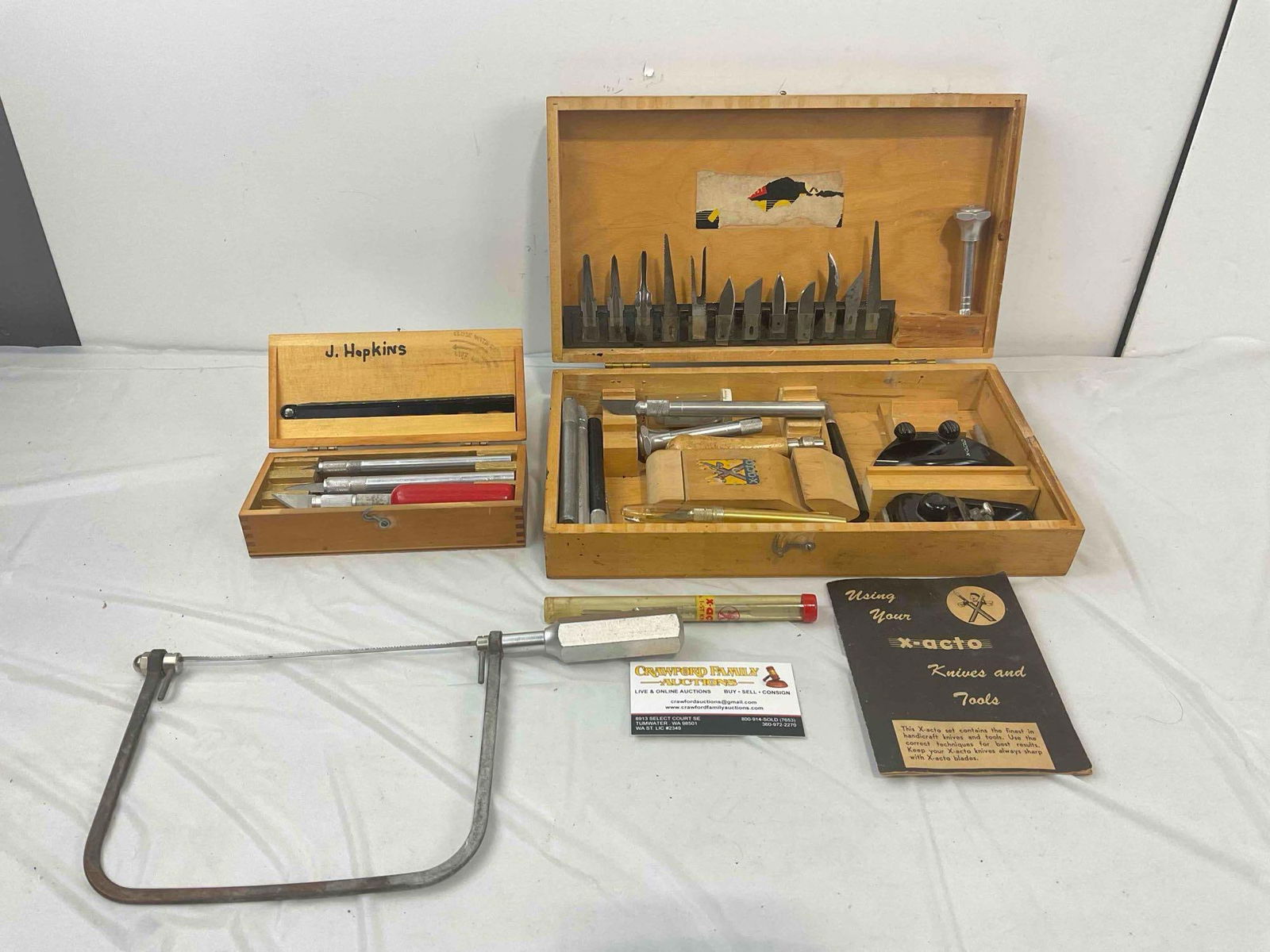 2 pcs Vintage X-Acto Knife & Tool Sets, incl. Blades & Saw. Very Good Condition. See pics.: 2 pcs Vintage X-Acto Knife & Tool Sets incl. blades & Saw. Very Good Condition. Unsure if all tools are present, looks to have some extra goodies such as a coping saw. Minor wear indicative of