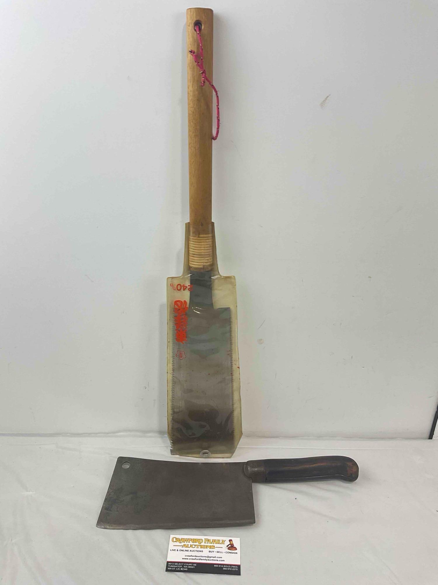 2 pcs Cutting Tools, incl. Vintage Meat Cleaver & Japanese Ryoba Pull Saw. Very Good Cond. (1 of 5)