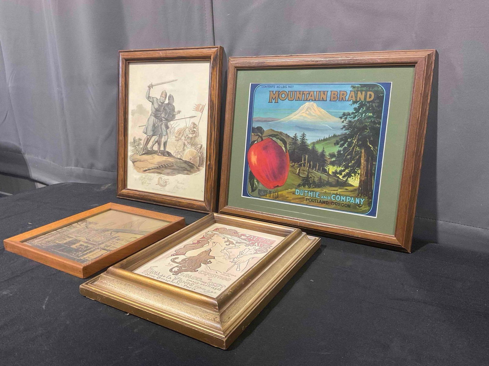 4 pcs Vintage Framed Art, incl. Apple Produce Advertisement, Mucha Print & More! See pics.: 4 pcs Vintage Framed Art, incl. Apple Produce Advertisement, Mucha Print & More! Also includes Atkinson Etching of Warriors of King Cnute, Mountain Brand Duthie and Company Apple Advertisement, pr