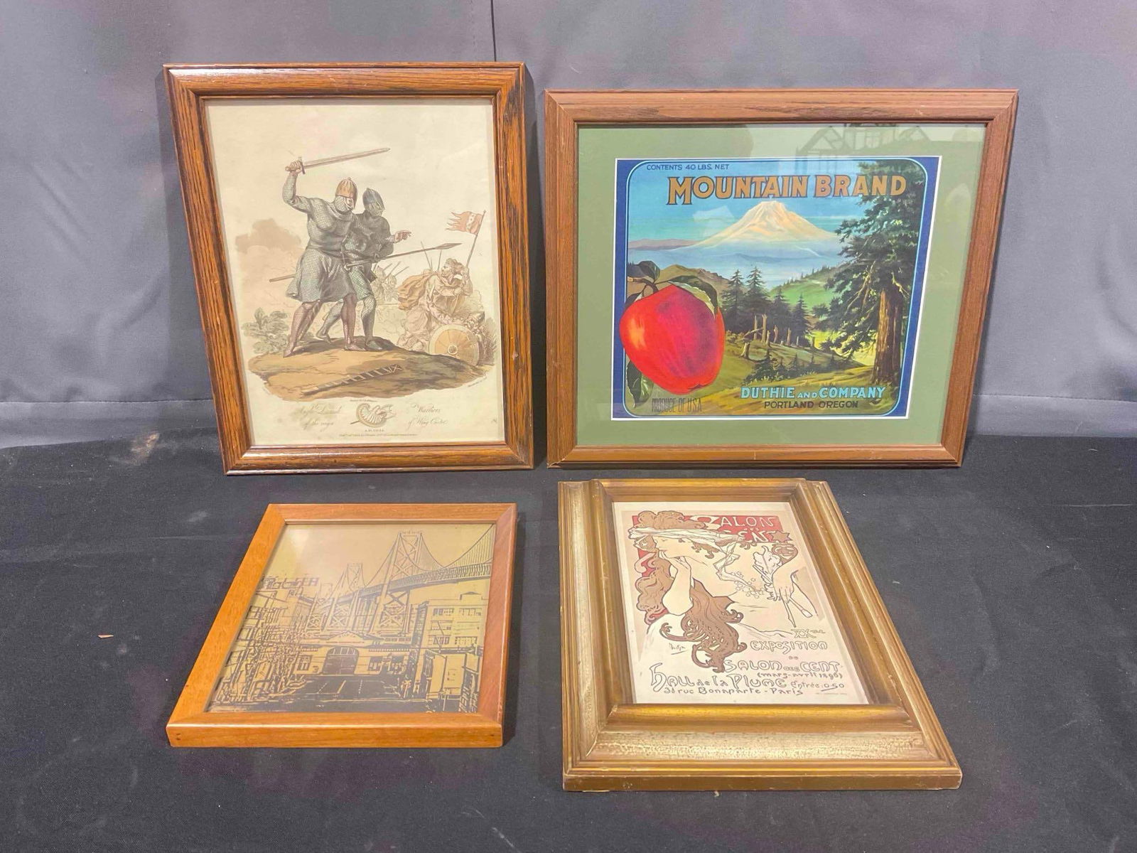 4 pcs Vintage Framed Art, incl. Apple Produce Advertisement, Mucha Print & More! See pics. - 2