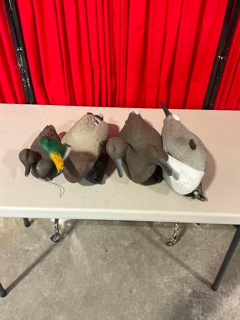 Collection of 4x Floating Duck Decoys in Fair Condition w/ Green Mesh Storage Bag - 2