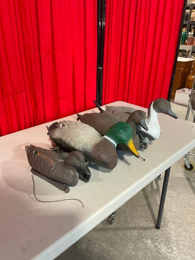 Collection of 4x Floating Duck Decoys in Fair Condition w/ Green Mesh Storage Bag - 3
