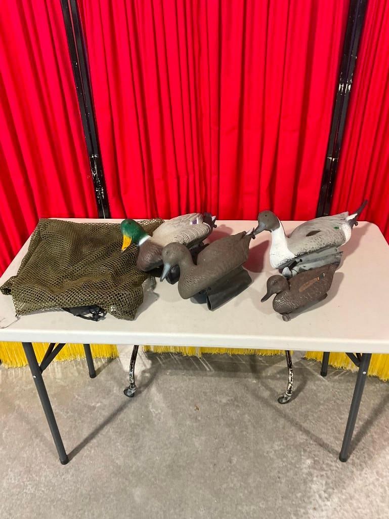 Collection of 4x Floating Duck Decoys in Fair Condition w/ Green Mesh Storage Bag - 5