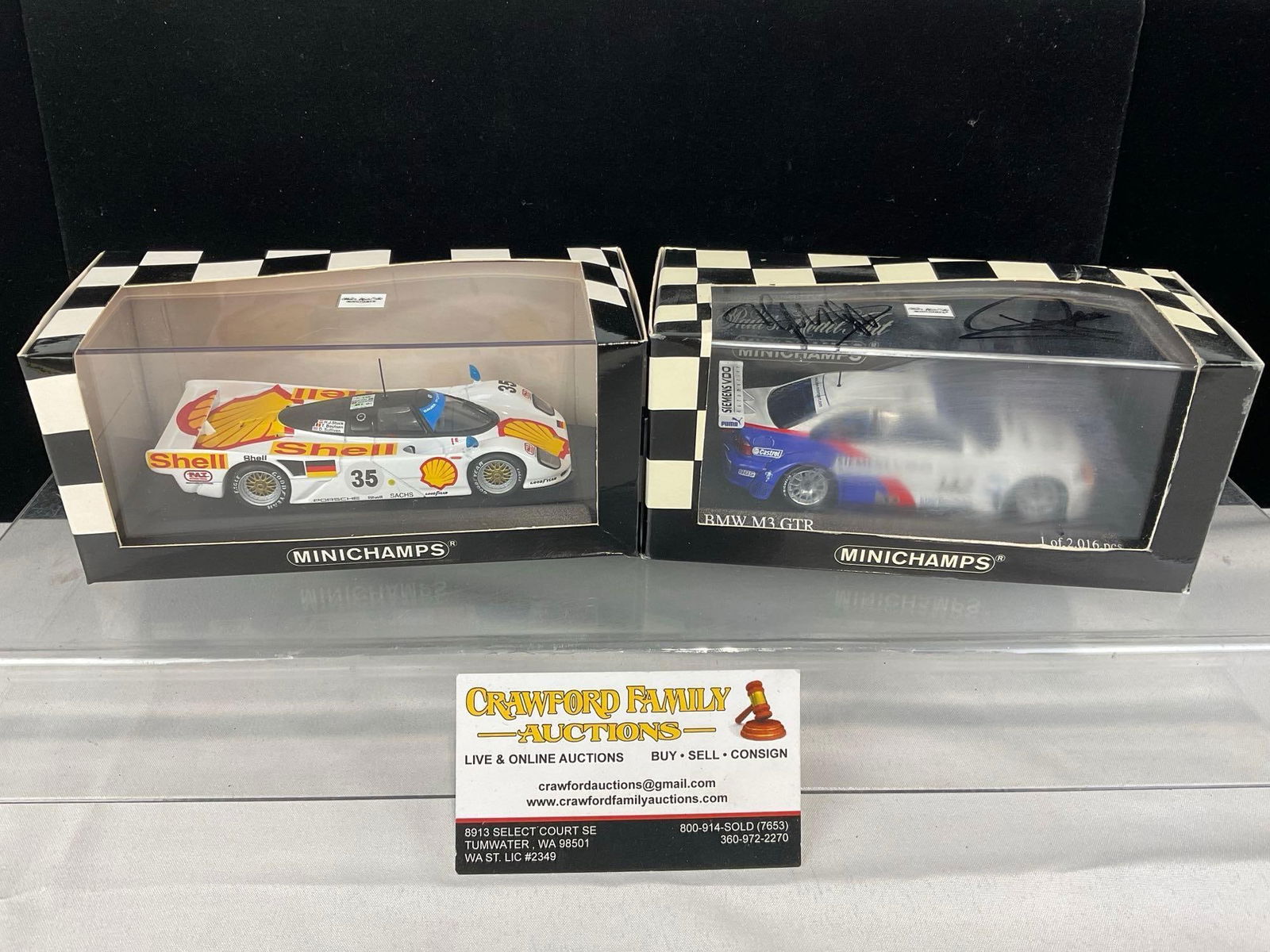 2 Minichamps 1/43 Scale Diecast Cars, 94 Porsche 962 & 2004 BMW M3 GTR, Signed by 2Muller drivers (1 of 8)