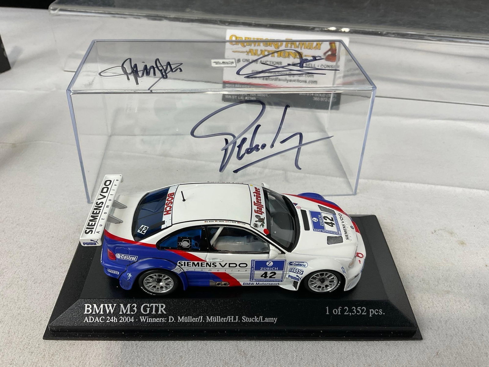 2x Minichamps 1/43 Scale Diecast Cars, 2004 BMW M3 GTR,1 signed by Pedro Lamy, Dirk & Jorg Muller - 6
