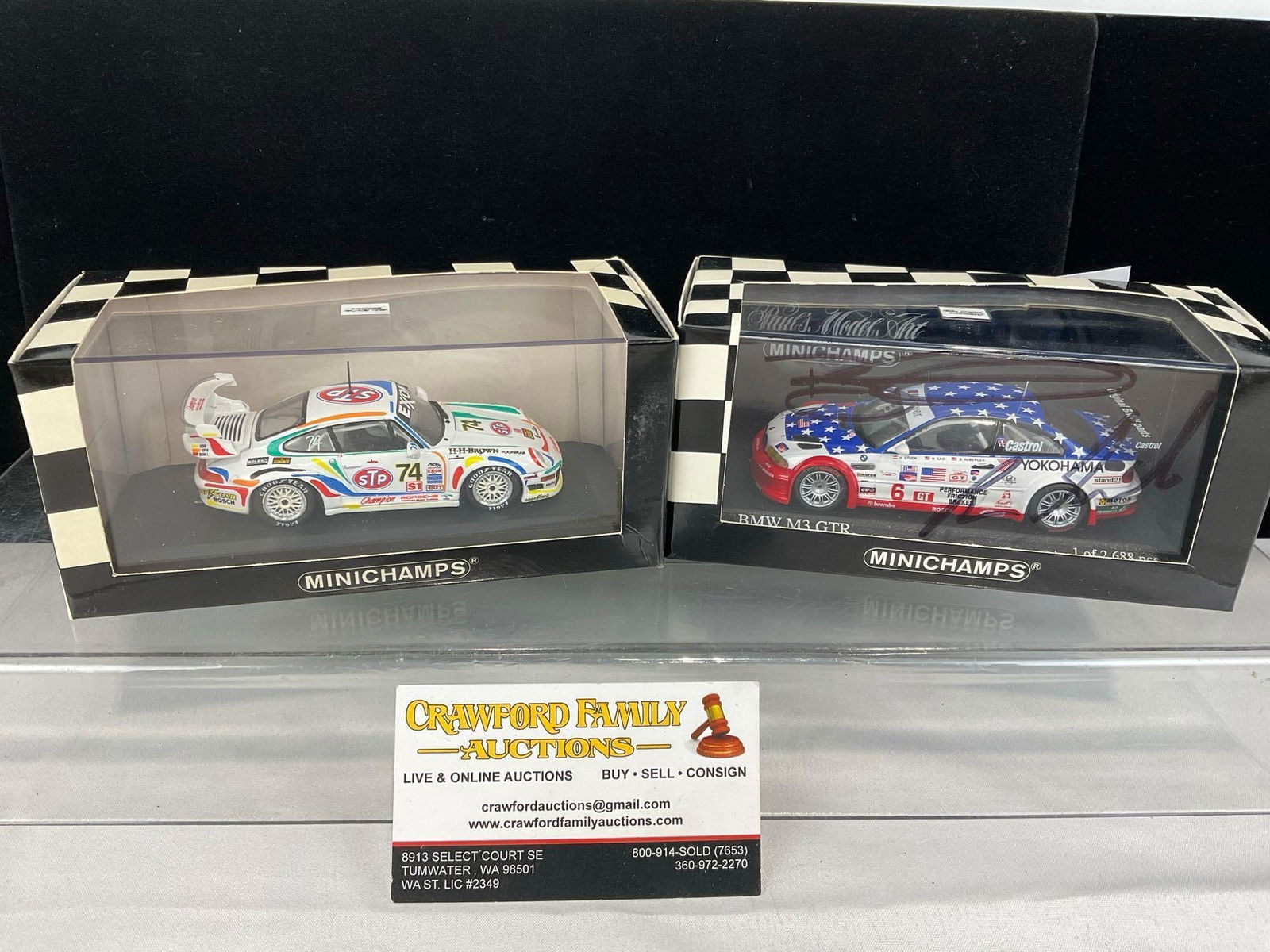 2 Minichamps 1/43 Scale Diecast Cars, 1996 Porsche 911 GT2 & 01 BMW M3 GTR, 1 signed (1 of 10)