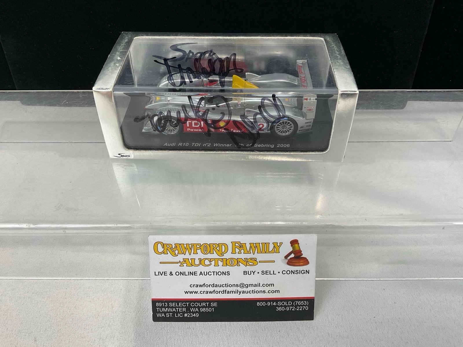Spark 1/43 Scale Diecast Car Audi R10 TDI #2 Winner 12h of Sebring 2006, Signed by all 3 drivers: Signed by Alan McNish, Tom Kristensen & Rinaldo Capello. All from the same collection. Appears to be in good shape. The piece measures approx 4h x 7w x 4d inches. See pics. E-5420 