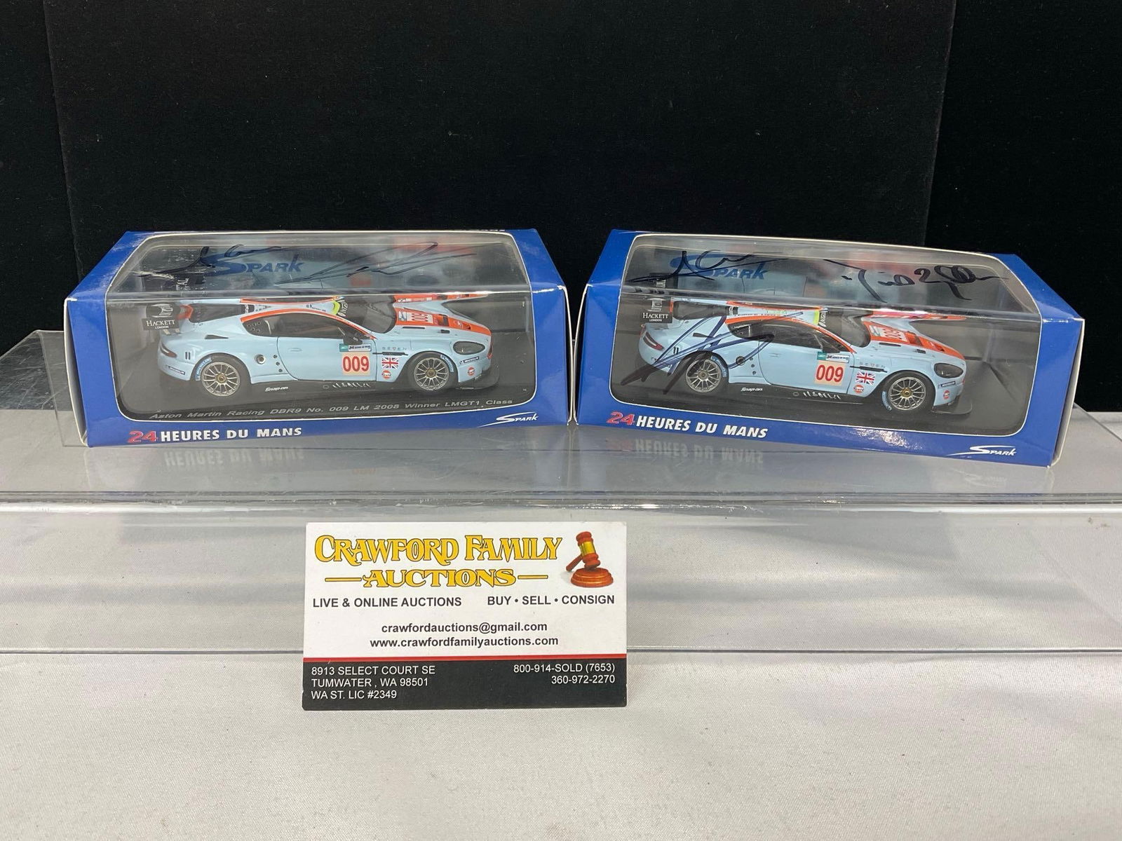 2 Spark 1/43 Scale Diecast Cars 2008 Aston Martin DBR9 LM24H, 1 signed by 3 Drivers: 1 is signed by David Brabham, Darren Turner & Antonio Garcia. All from the same collection. Appears to be in good shape. The piece measures approx 5h x 7w x 4d inches. See pics. E-5420 