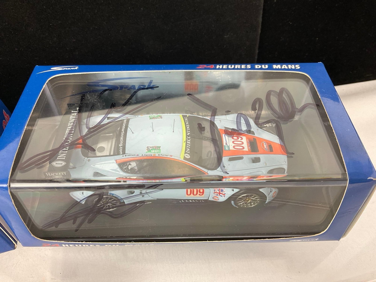 2 Spark 1/43 Scale Diecast Cars 2008 Aston Martin DBR9 LM24H, 1 signed by 3 Drivers - 3