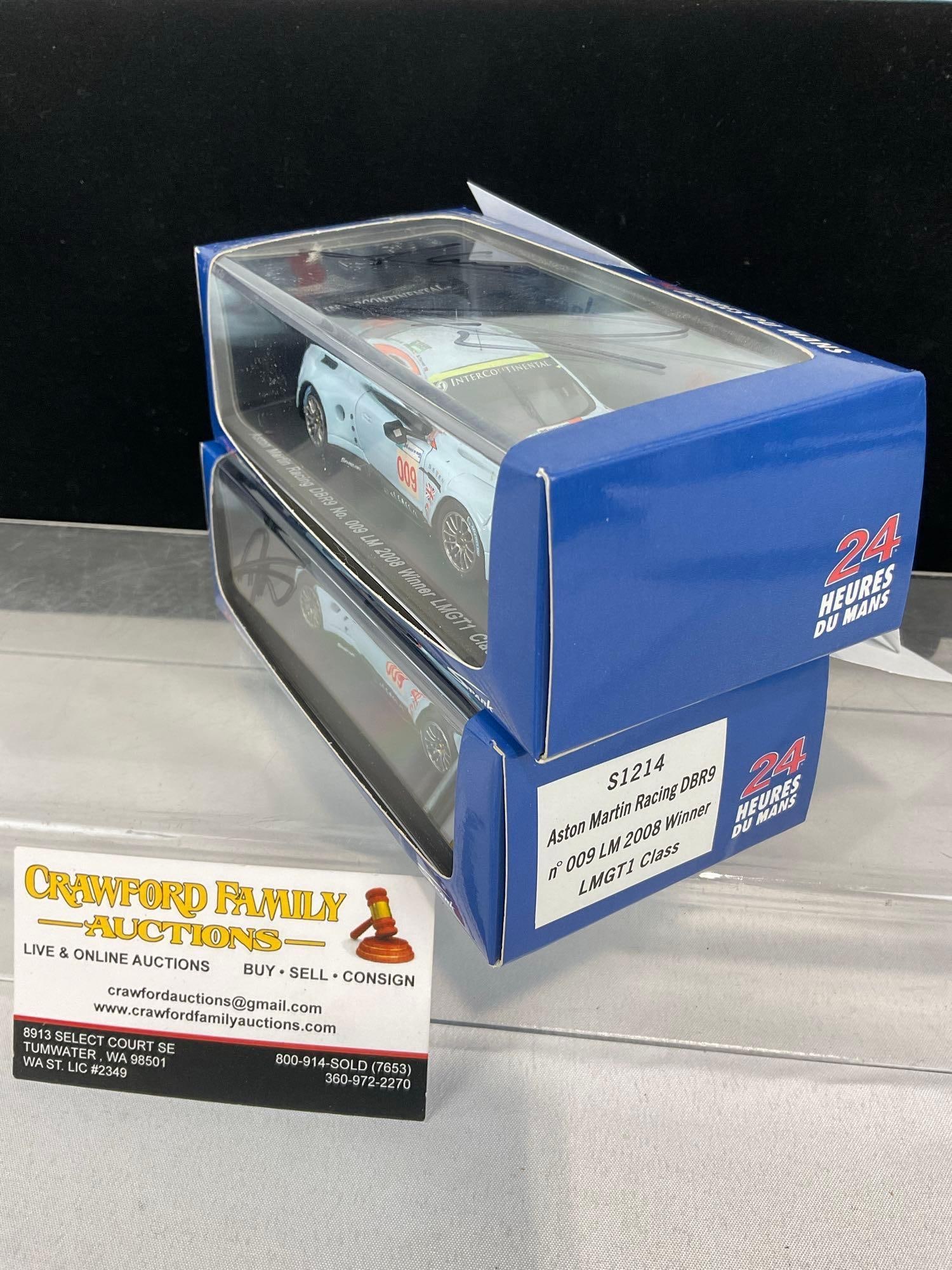 2 Spark 1/43 Scale Diecast Cars 2008 Aston Martin DBR9 LM24H, 1 signed by 3 Drivers - 4